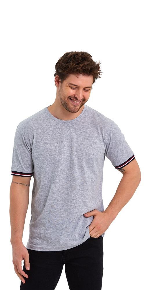 (Packung, Basic Bündchen Ärmel 1-tlg) Kurzarm Rundhalls gestreiften T-Shirt Herren COMEOR Grau mit