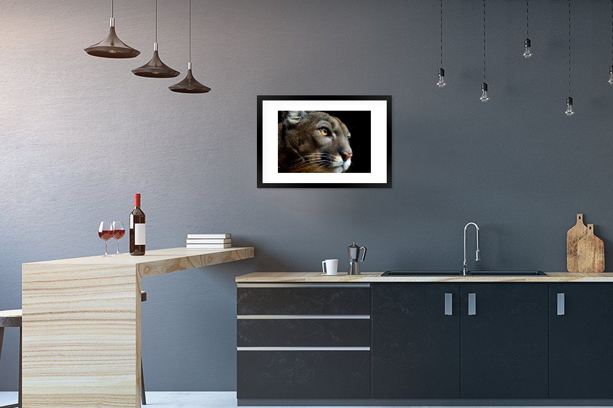 MuchoWow Poster Cougar - Augen - Schwarz, (1 St), mit Rahmen, Kunstdruck, Gerahmtes Poster, Schwarzem Bilderrahmen