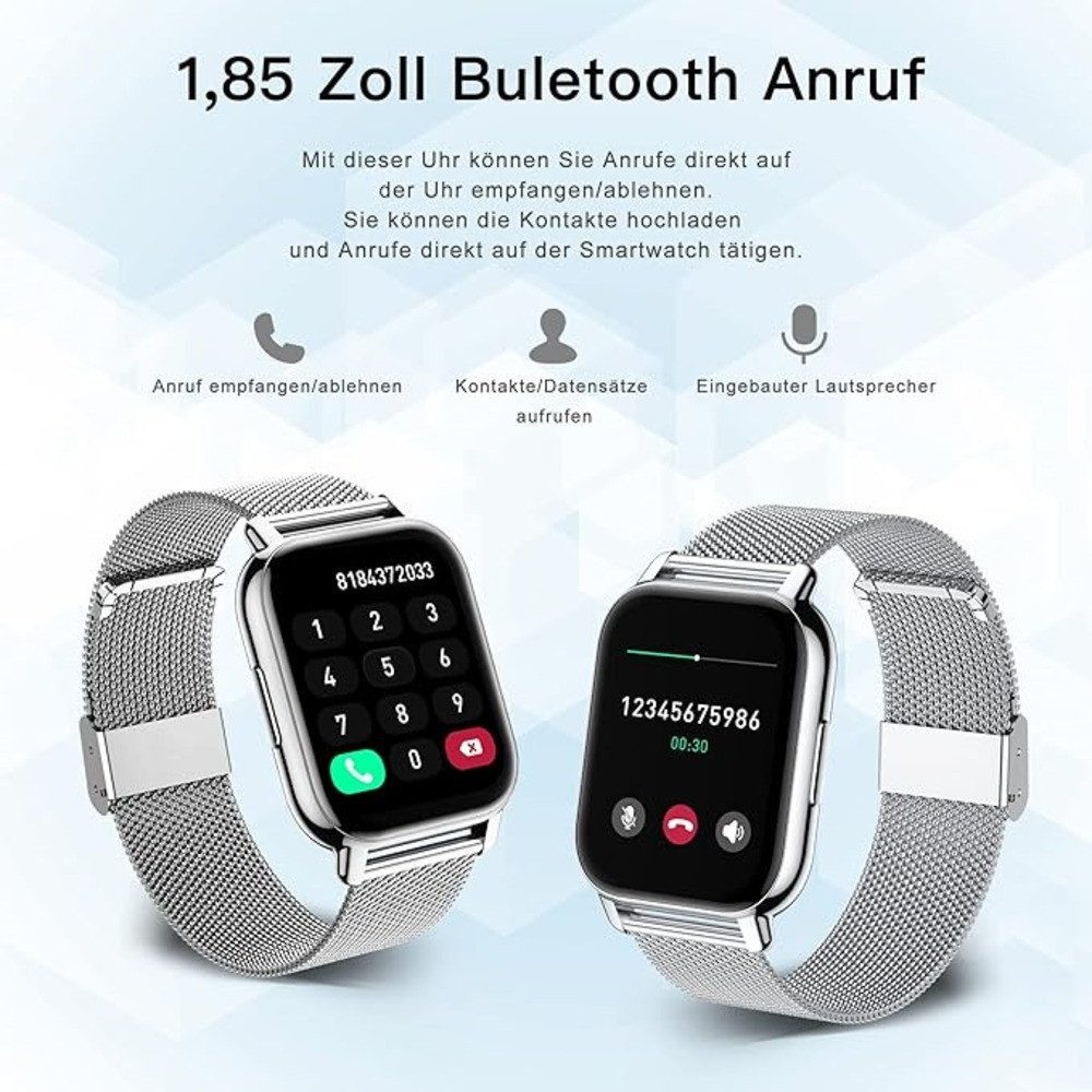 Zevelora Damen's und Herren's Fitness-Tracker Blutdruckmess Smartwatch (1,85 Zoll, Android/iOS), mit austauschbarem weichem Silikonarmband, mit SpO2 Herzfrequenz Schrittzähler Schlafmonitor, Musikwiedergabe