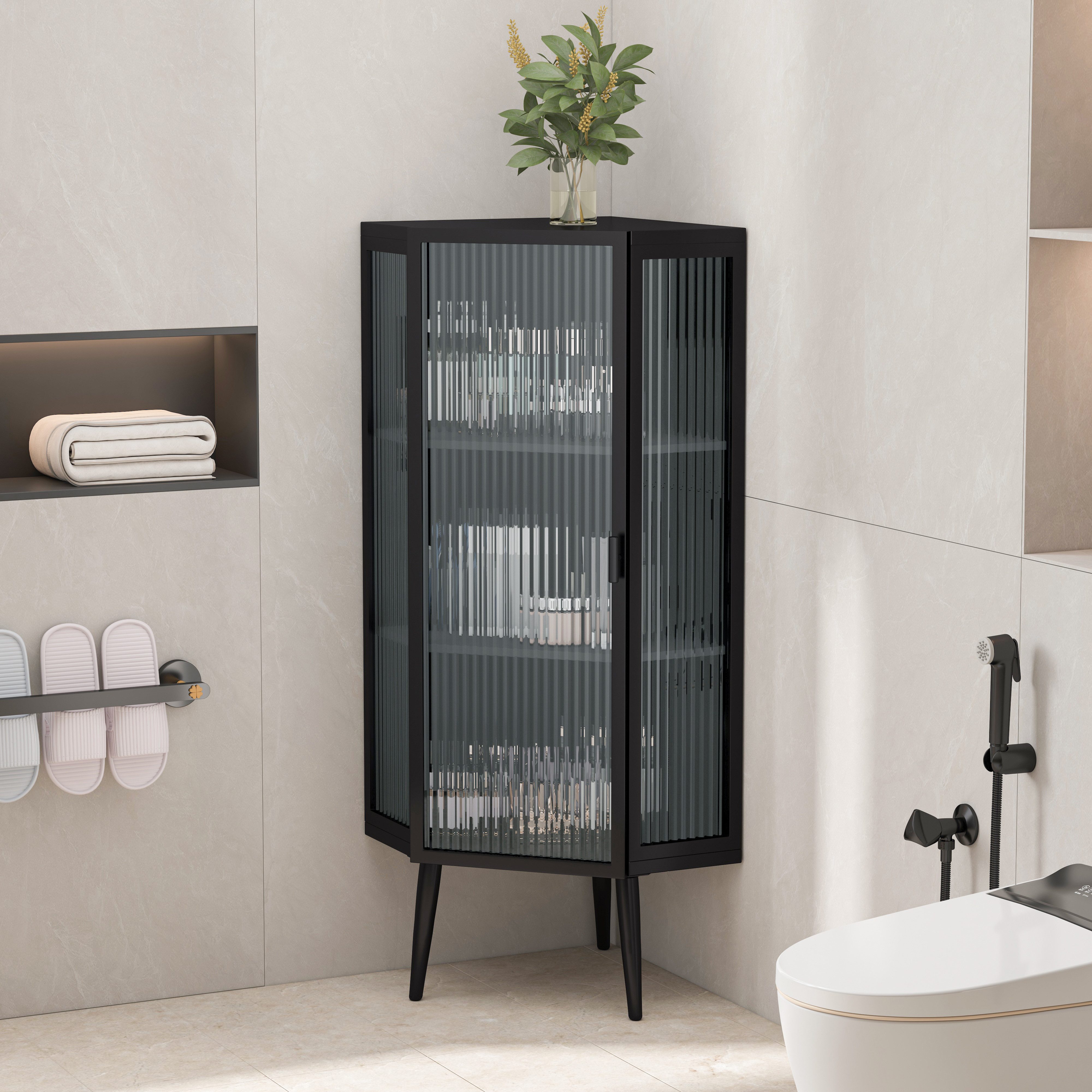 Celya Eckregal Eck-Unterschrank mit Tür aus gehärtetem Glas und verstellbarem Regal, für Badezimmer, Wohnzimmer, Schlafzimmer,Schwarz – Bild 3 von 5
