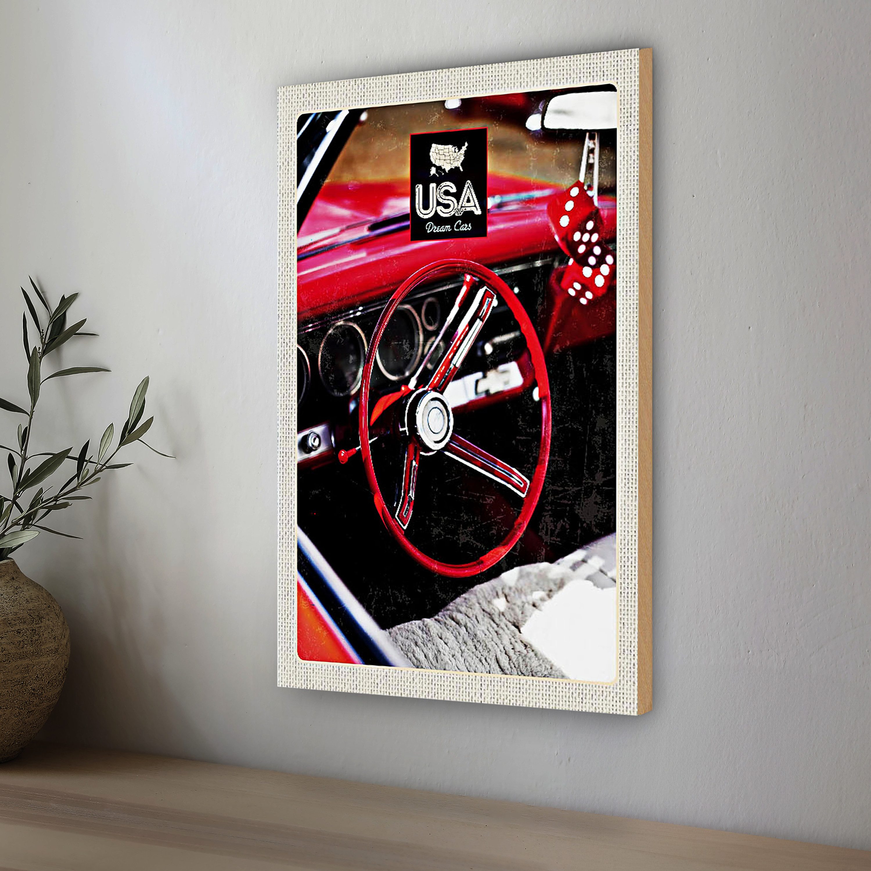 Roomando Holzbild Reise 12x18cm Amerika Oldtimer USA Rot Würfel