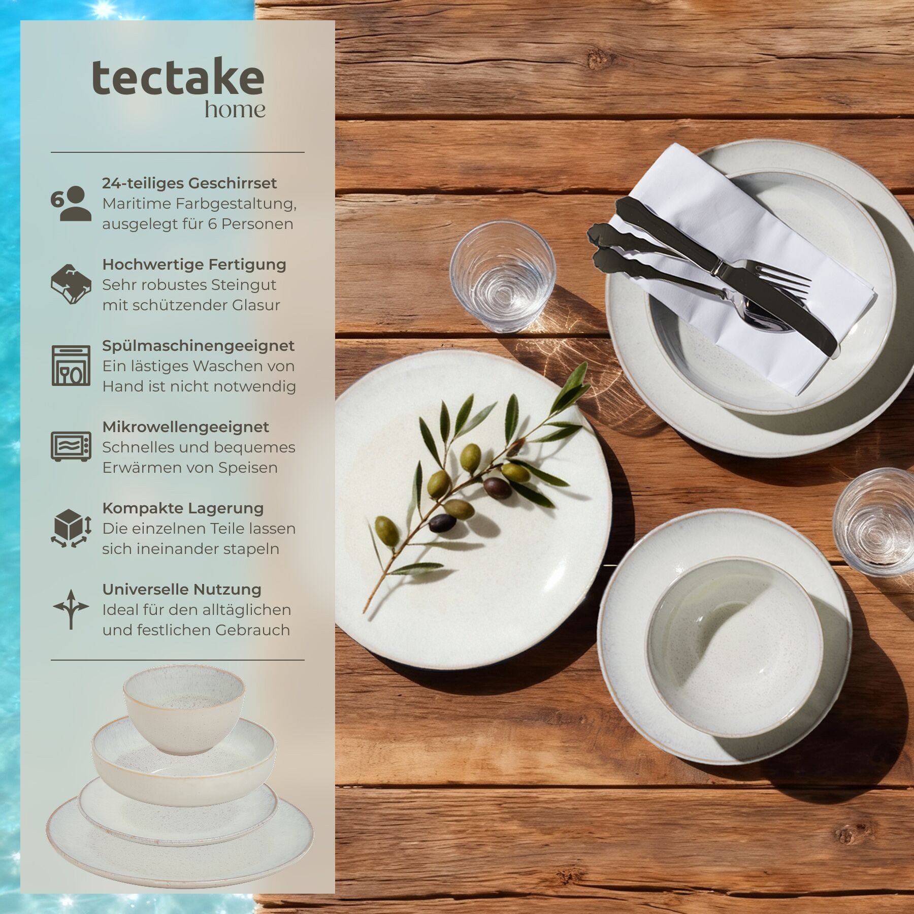 tectake Geschirr-Set Tafelservice (24-tlg), 6 Personen, Steingut, für 6 Personen, handgefertigt