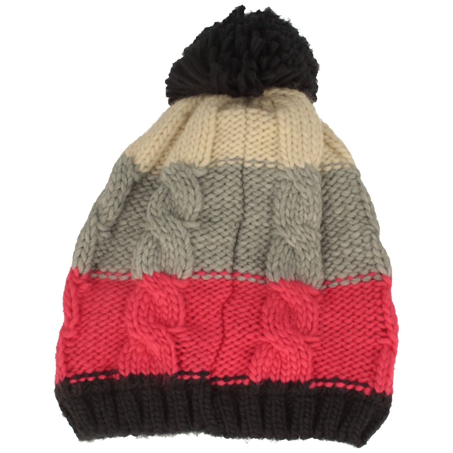 Jela London Damen Strickmütze Mit Ripp-Optik & Fellbommel – Breite Krempe, Einheitsgröße, 100% Acryl