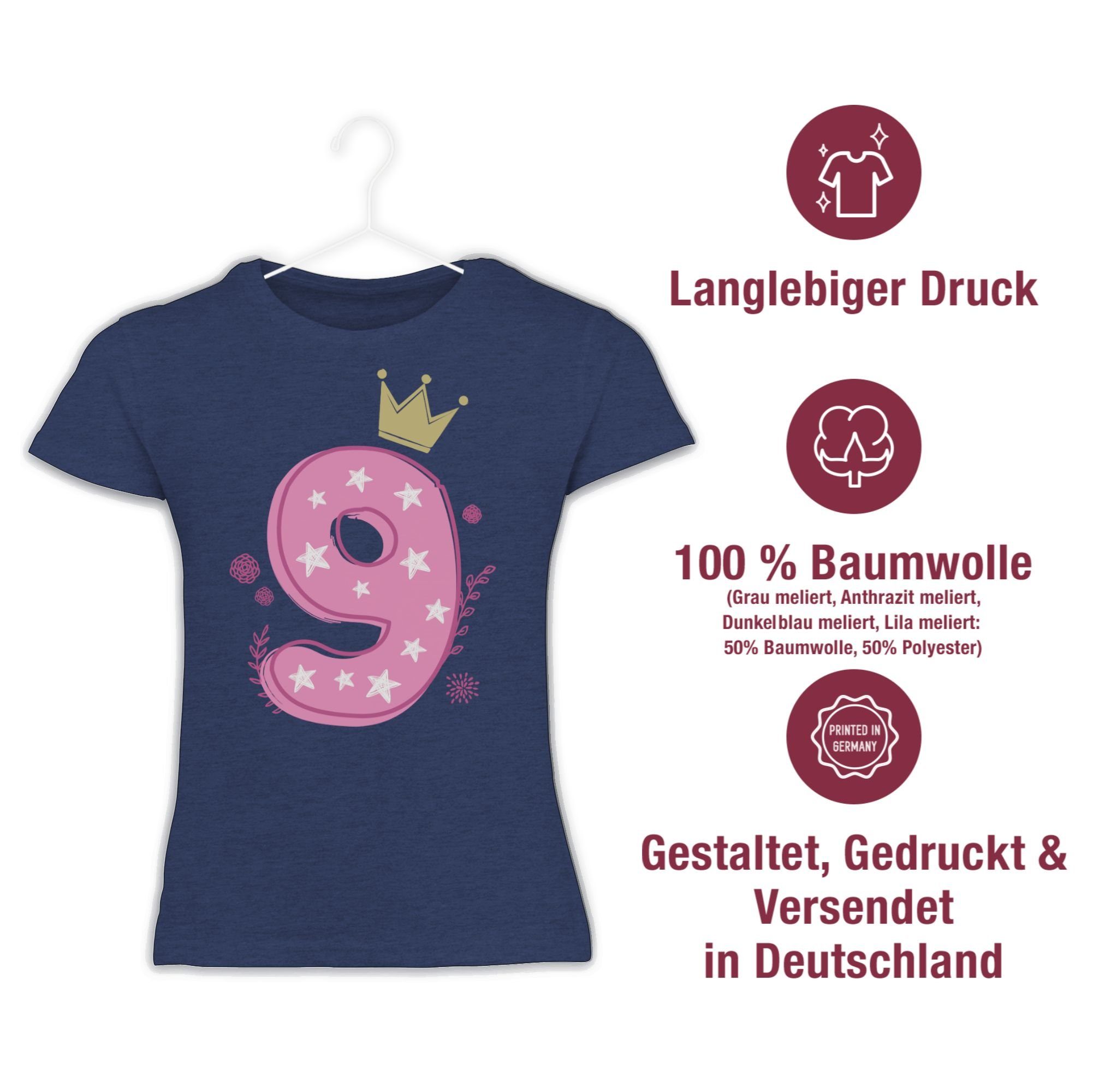 Shirtracer 2 Dunkelblau 9. Mädchen Neunter Krone Geburtstag Sterne Meliert T-Shirt