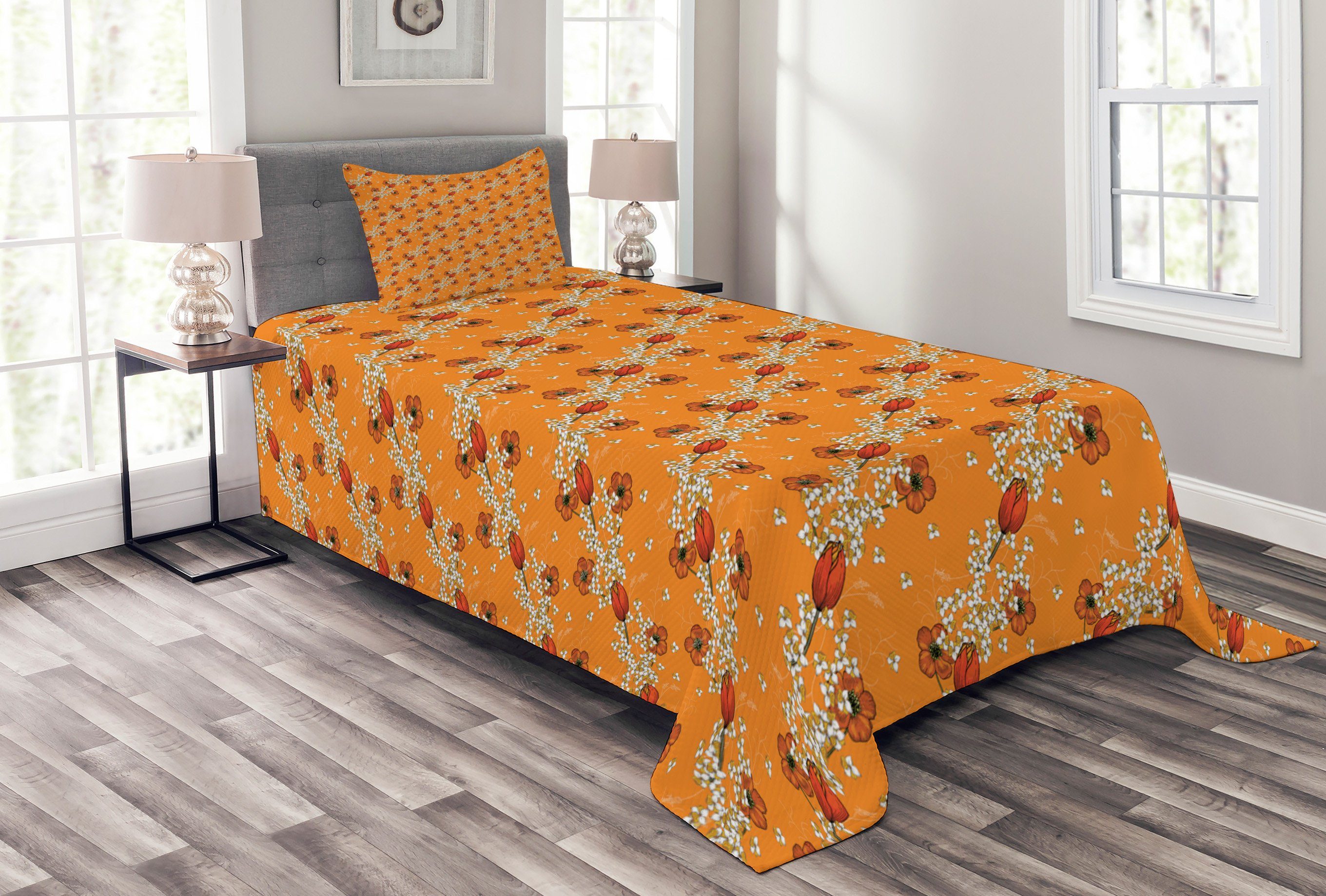 Tagesdecke Set mit Floral Tangerine-Töne Kissenbezügen Blüten in Abakuhaus, Waschbar
