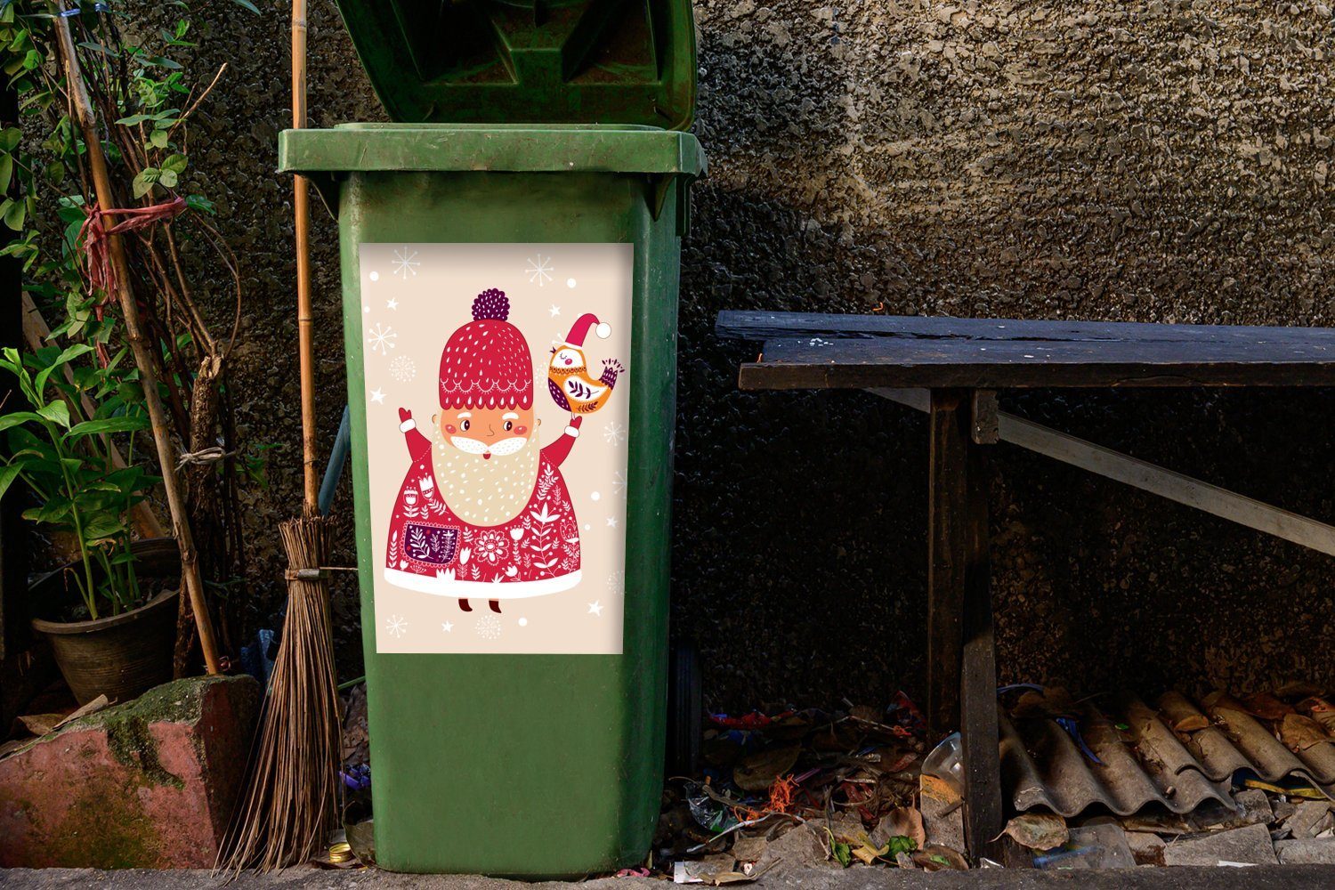 Mülltonne, Container, (1 Mülleimer-aufkleber, - - MuchoWow Wandsticker Winter Vogel Sticker, - St), Schnee Weihnachtsmann Abfalbehälter Weihnachten -
