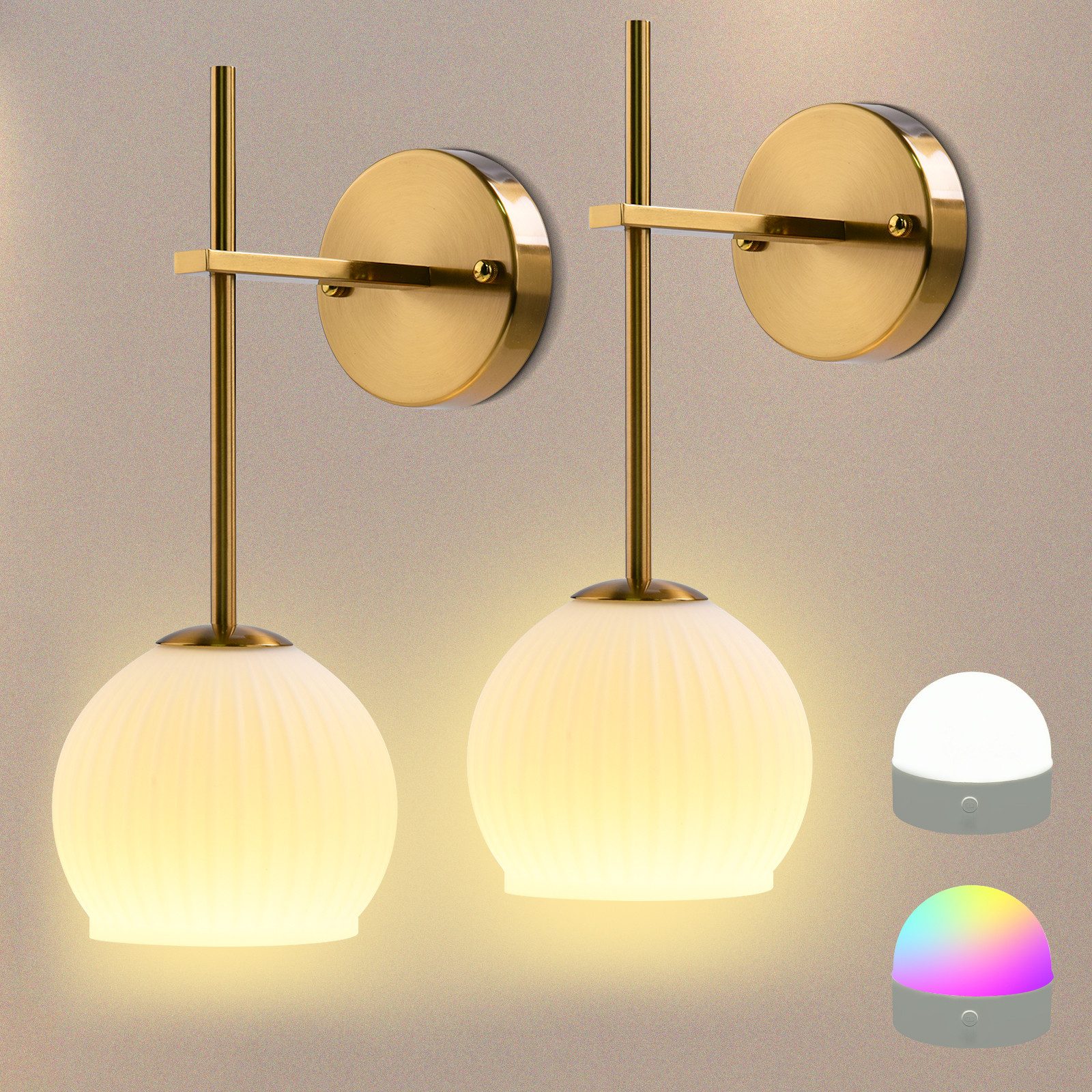 Rosnek LED Wandleuchte Akku Wandleuchte gold, kabellos, dimmbar mit Fernbedienung, 2 Stück, LED wechselbar, RGB Licht, Glas-Schirm, für Wohn-, Schlaf- und Flurbereich