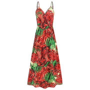B.X Strandkleid Damen Sommer-Lässiges für tropisches Blumenmuster lange Kleider Spaghettiträger Boho-V-Ausschnitt fließende Strandkleider