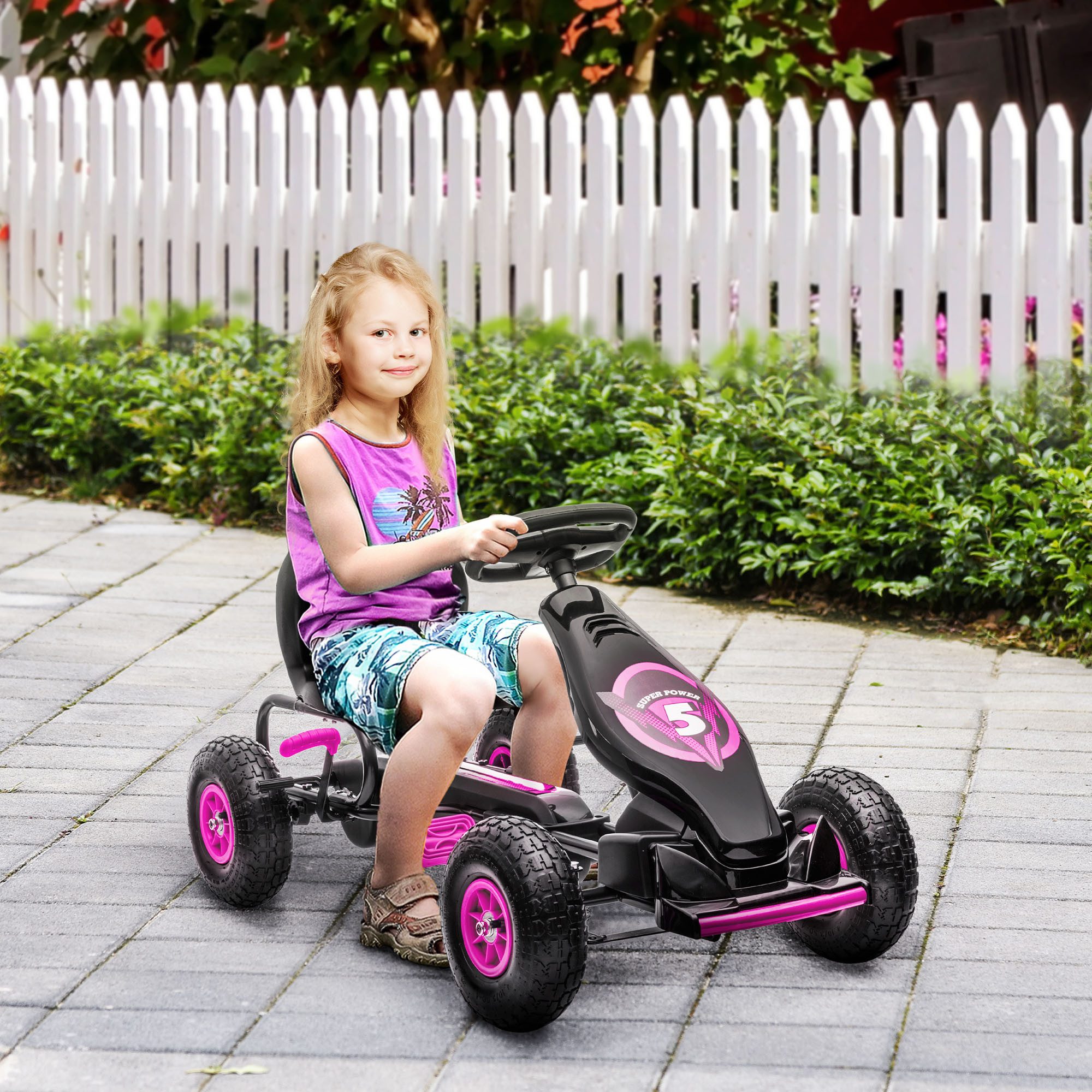 HOMCOM Go-Kart Kinderfahrzeug mit verstellbarem Sitz, Tretfahrzeug, für Garten, Balkon, Rosa+Schwarz