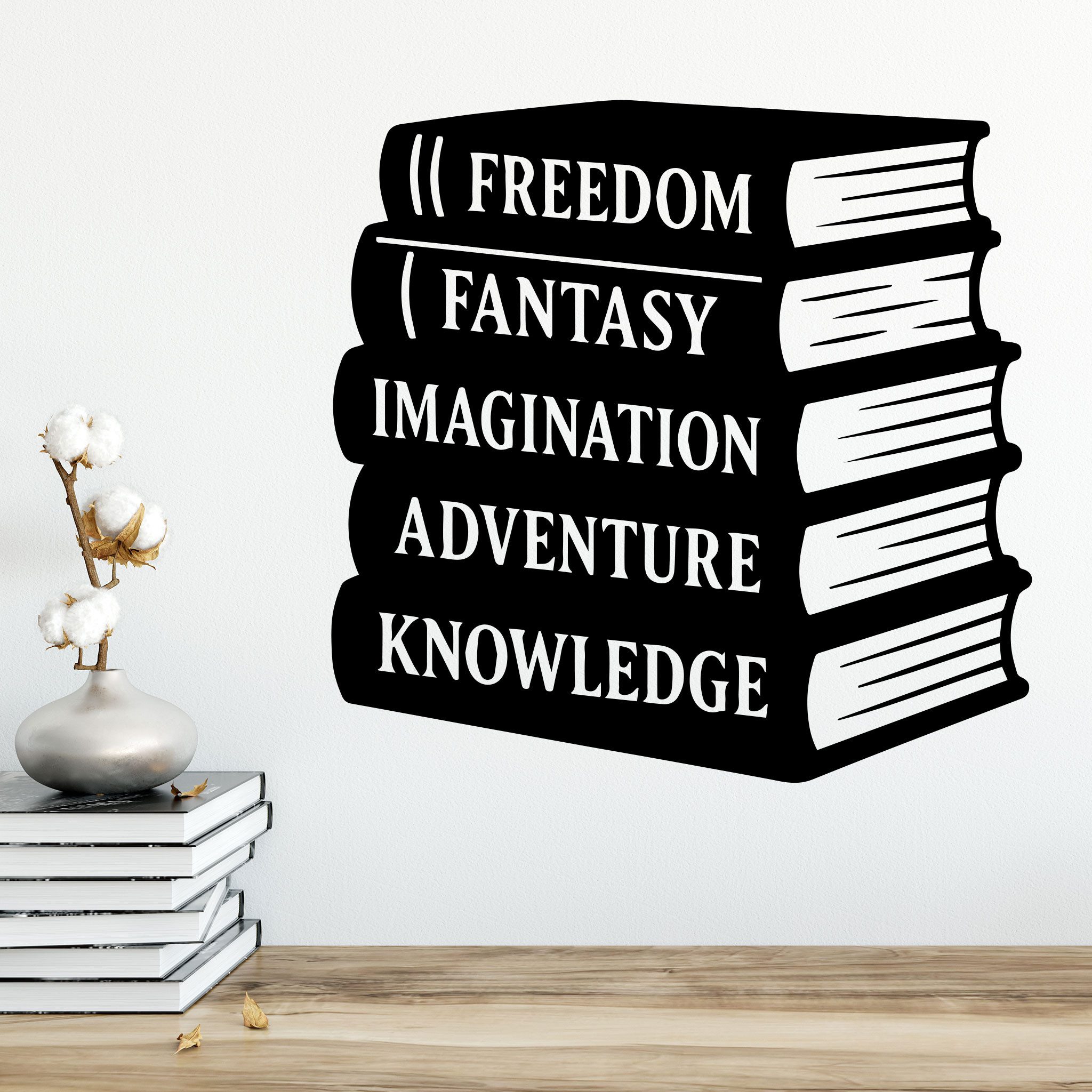 Sunnywall Wandspruch Wandtattoo Bücherstapel Buch – Freedom, Fantasy, Adventure, selbstklebend, konturgeschnitten, rückstandslos entfernbar