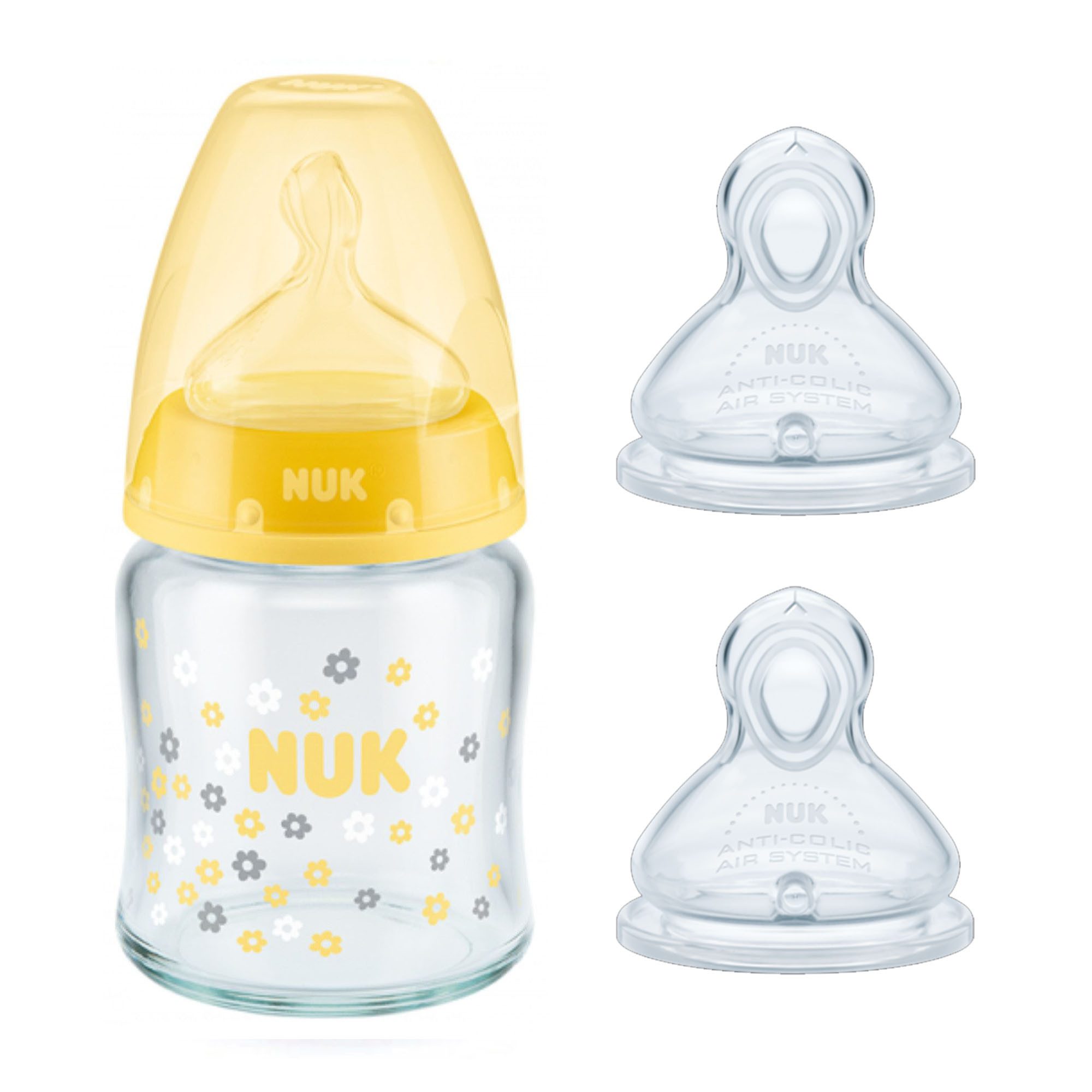 Babyflasche NUK BabyfGlasflasche 120ml & extra set Silikon Sauger 0-6M VORTEILSET