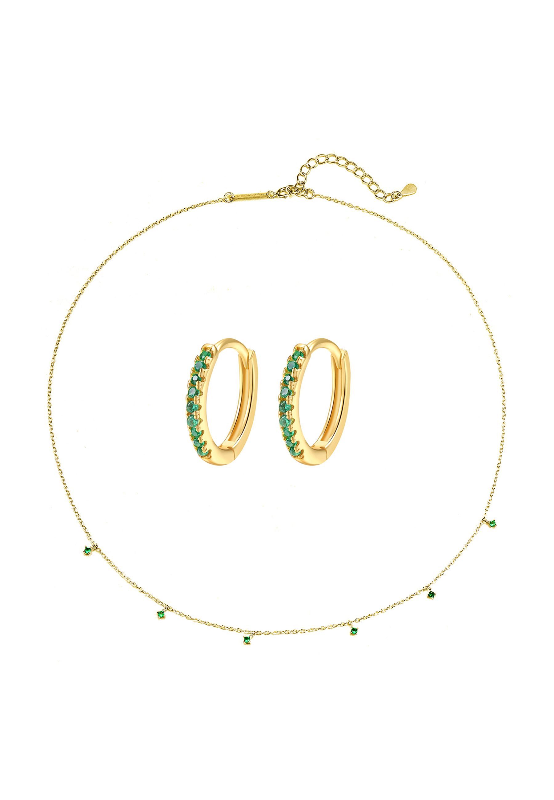 Hey Happiness Ohrring und Ketten Set Smaragdglanz, Schmuckset 925 Silber, Farbiges Damen Set mit Kette & Ohrringen und grünen Kristallen