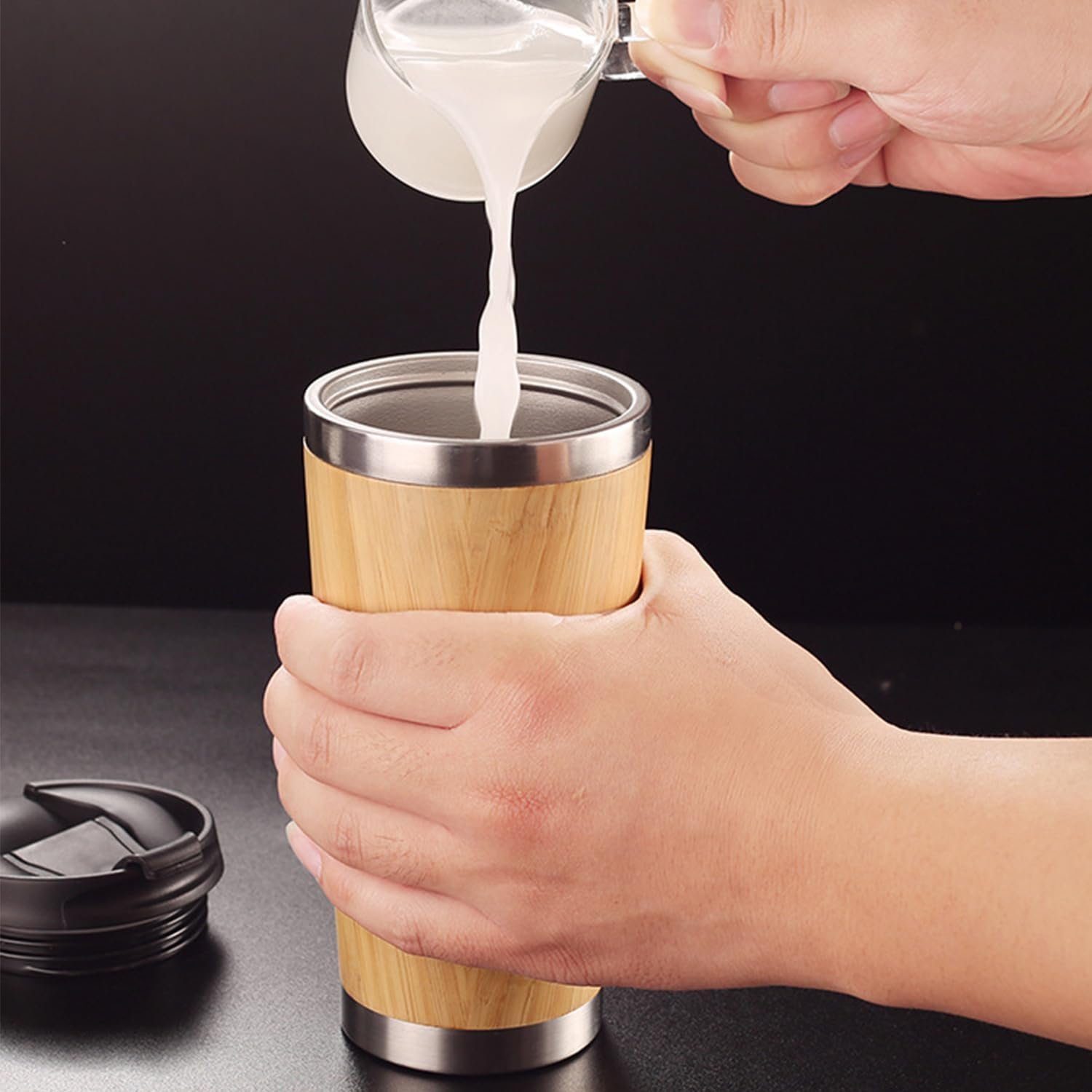 MORRENT Thermobecher Holz Edelstahl Isolierbecher Kaffee-Tee Travel Mug 450 ml