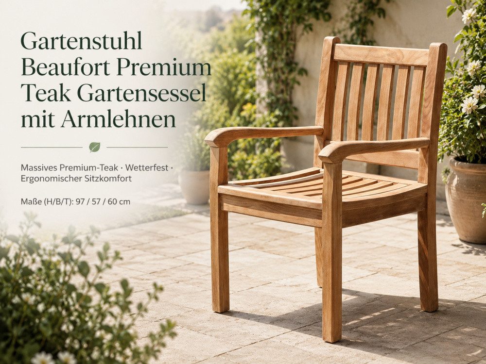 Wohnpalast Gartenstuhl Gartenstuhl Beaufort Premium Teak Gartensessel mit Armlehnen