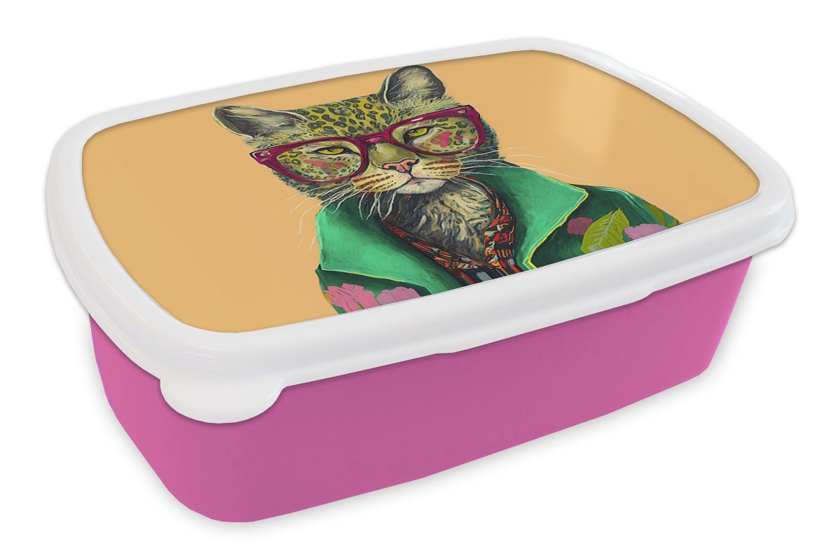 MuchoWow Lunchbox Tiere - Katze - Brille - Blumen - Hippie, Kunststoff, (2-tlg), Brotbox für Erwachsene, Brotdose Kinder, Snackbox, Mädchen, Kunststoff rosa | Lunchboxen