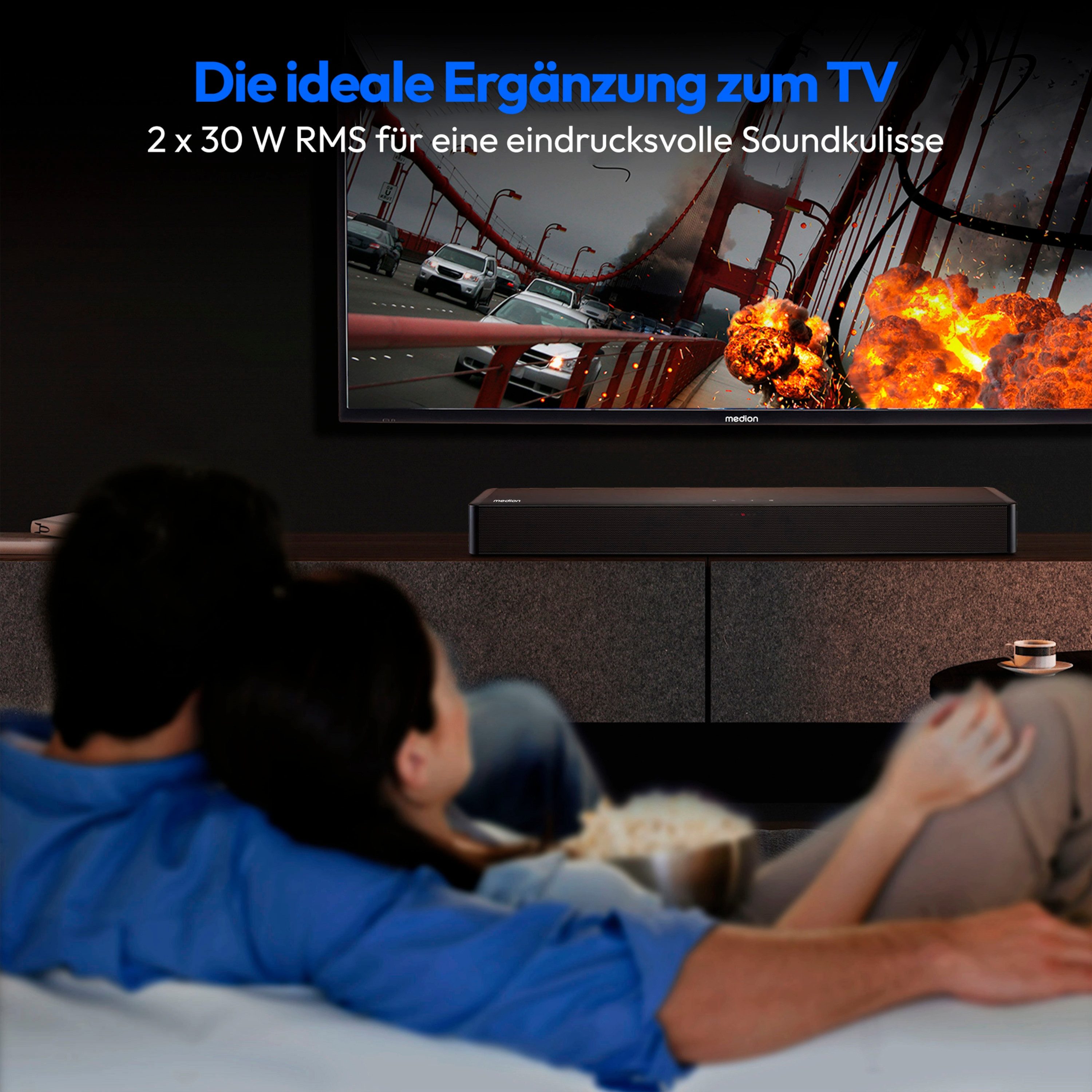 Medion® LIFE® P61155 (MD44055) Soundbar (Bluetooth 5.1, 60 W, 2 Lautsprecher mit je 30 Watt, Bluetooth 5.1, 3 Soundeinstellungen)