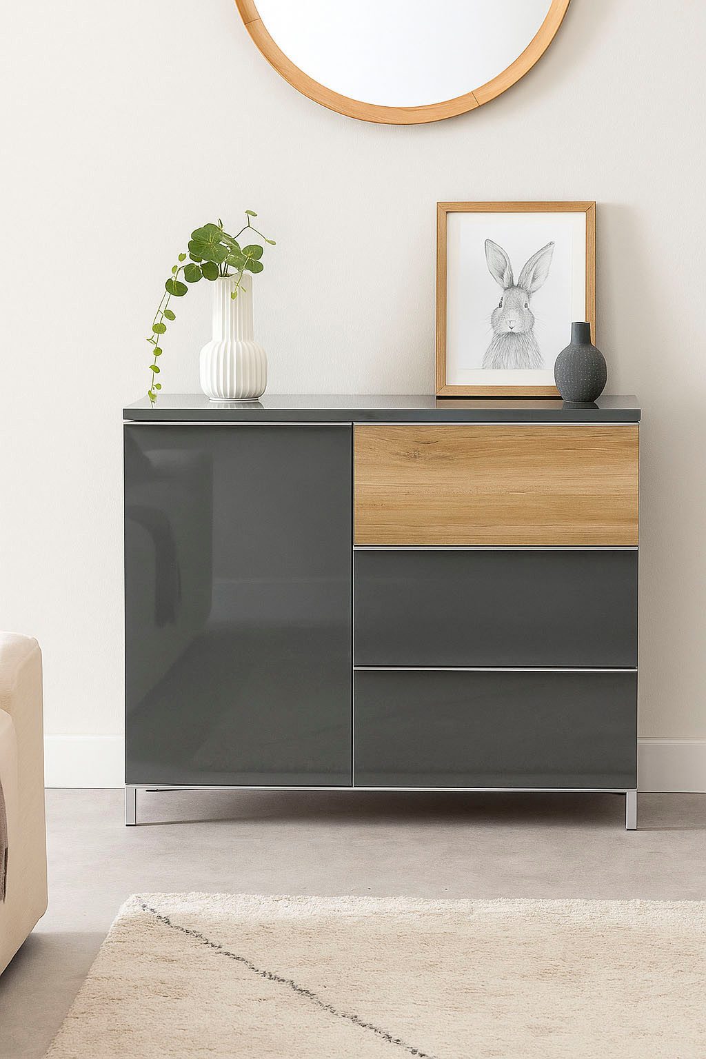 OTTO home Sideboard Onyx, Kommode mit 3 Schubladen und 1 Tür, UV Lackierung Hochglanz (FSC®-zertifizierter Holzwerkstoff; Made in Europe), Kombikommode mit Soft-Close-Funktion, Maße (B/T/H) 106/45/88cm