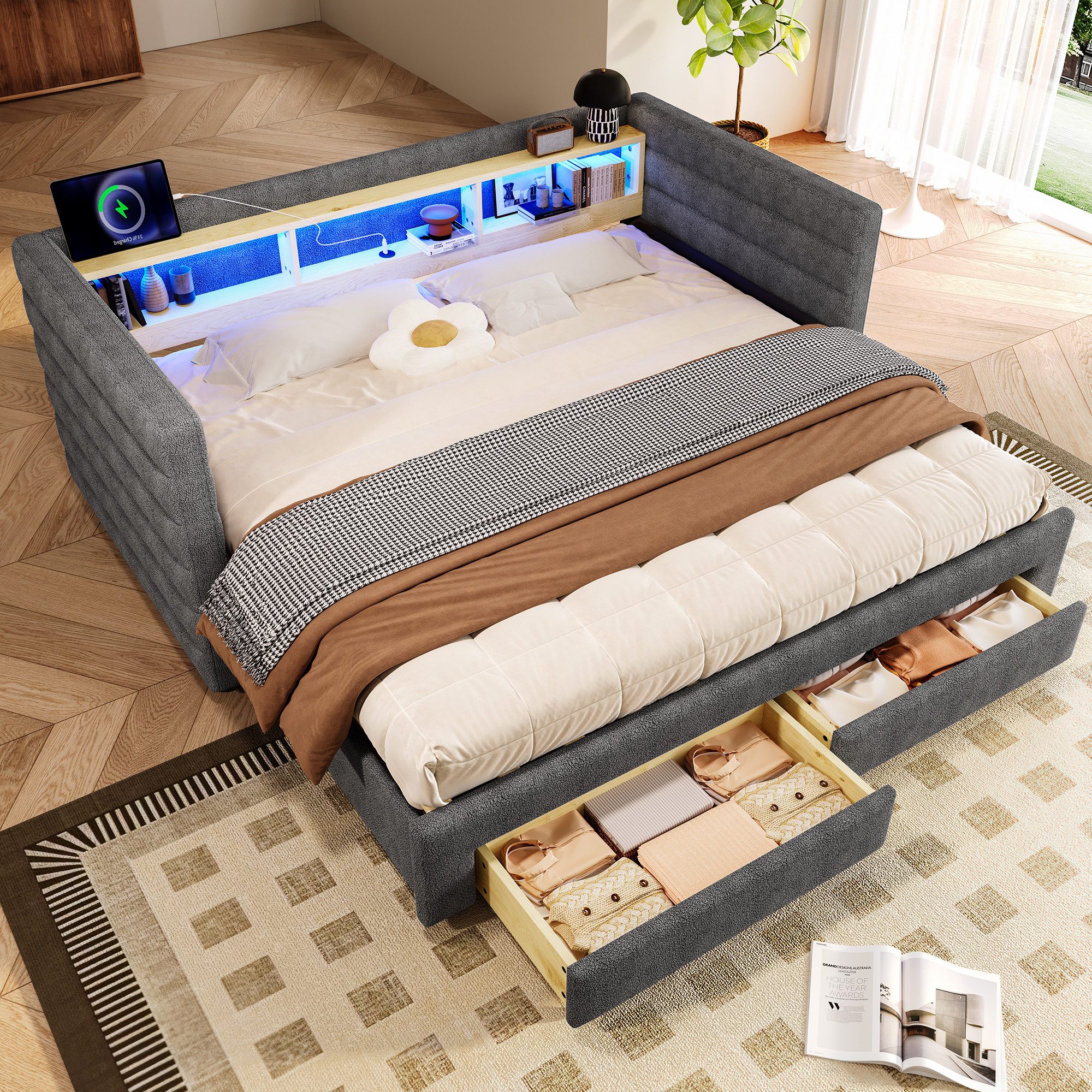 Merax Daybett mit LED- Beleuchtung, USB & Typ-C (Schlafsofa Sofabett Kinderbett Jugendbett, 1 tlg), Tagesbett 90x190cm mit Ausziehbett, 2 Schubladen & Ablagefach, Samt