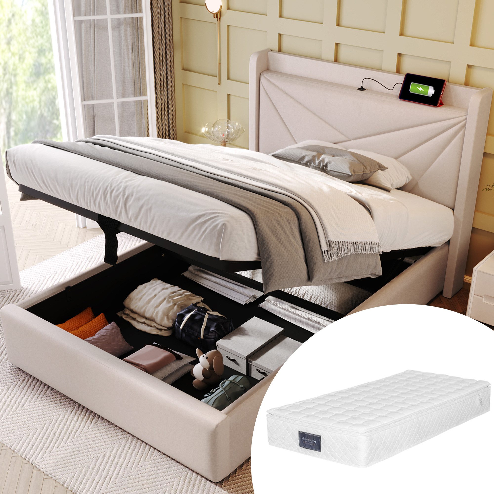 TavilaEcon Boxspringbett mit Bettkasten und USB Typ C, Größe wählbar von 140 bis 180 ×200 cm, 90x200cm, aus Leinenmaterial, Beige, mit Matratze