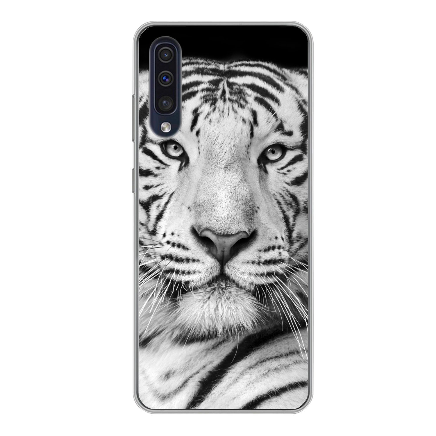MuchoWow Handyhülle »Tiger - Schwarz - Weiß - Porträt - Tiere«, Handyhülle  Telefonhülle Samsung Galaxy A50