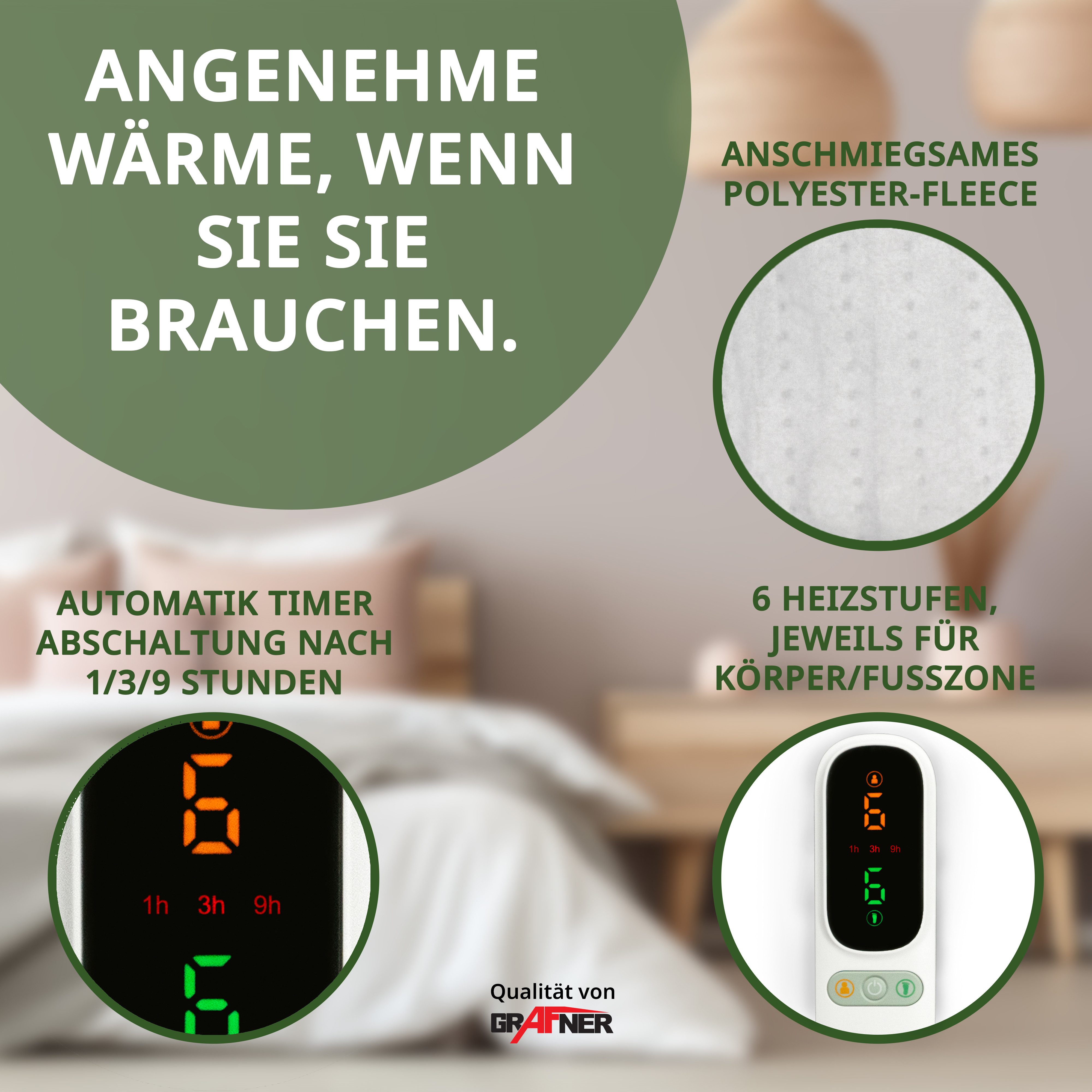 Grafner Wärmeunterbett Wärmeunterbett Polyester elektro Heizzonen Heizdecke, regelbare Temperaturstufen, LCD-Display, Heizzonen