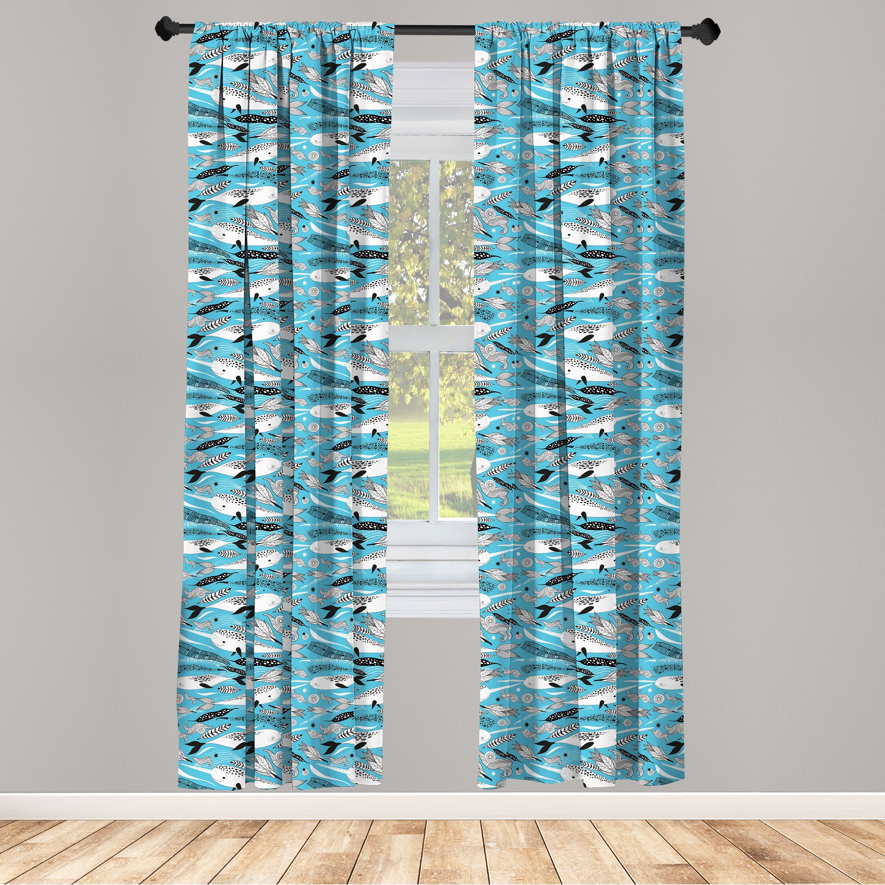 Gardine Vorhang für Wohnzimmer Schlafzimmer Dekor, Abakuhaus, Microfaser, Wale Einhorn Wale Algen Motive