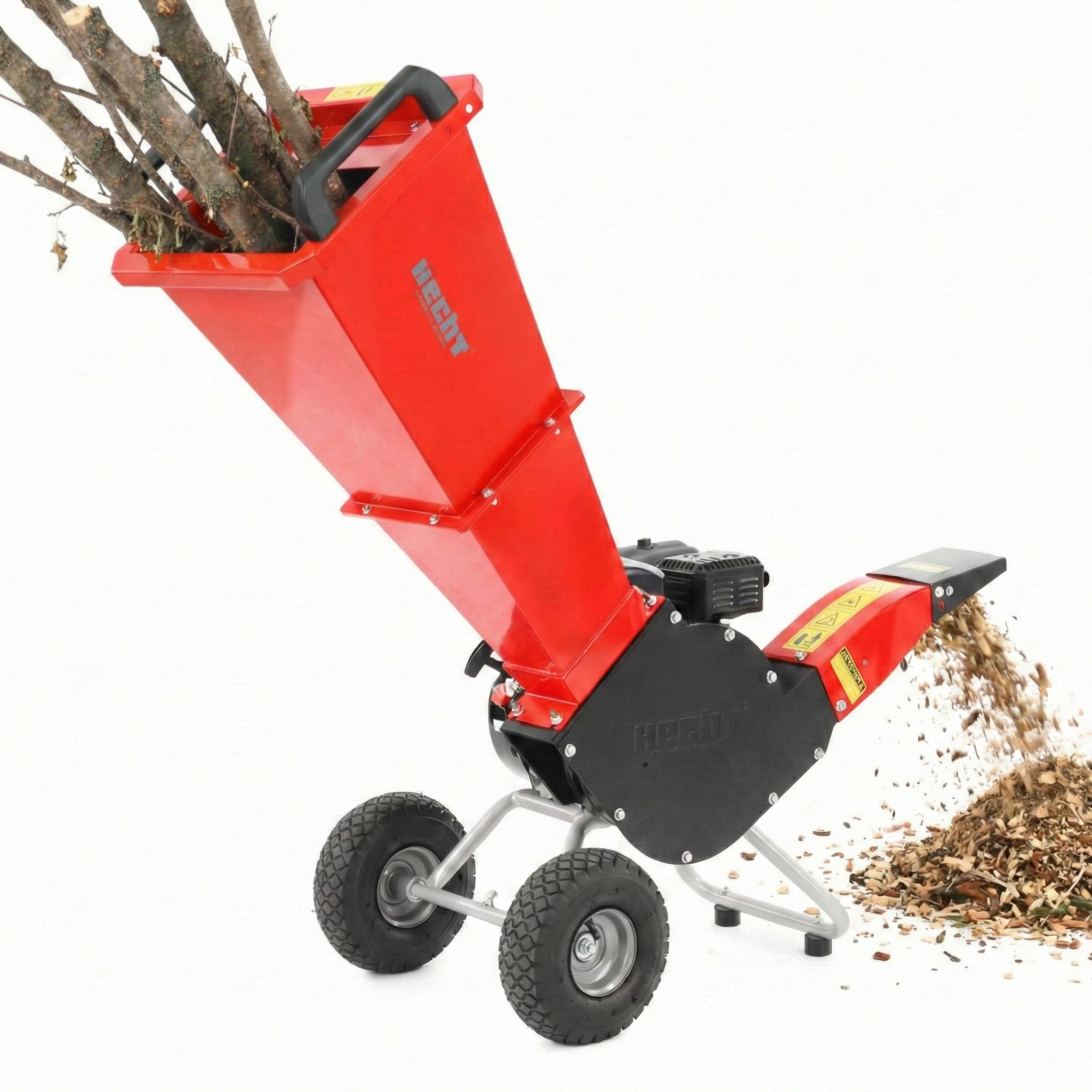 Hecht Messerhäcksler Gartenhäcksler 6206, 2 scharfe Wendemesser, Trommelsystem, 7 cm max. Astdurchmesser, 4,3 kW / 5,8 PS, Luftbereifung, verstellbarer Auswurfschacht