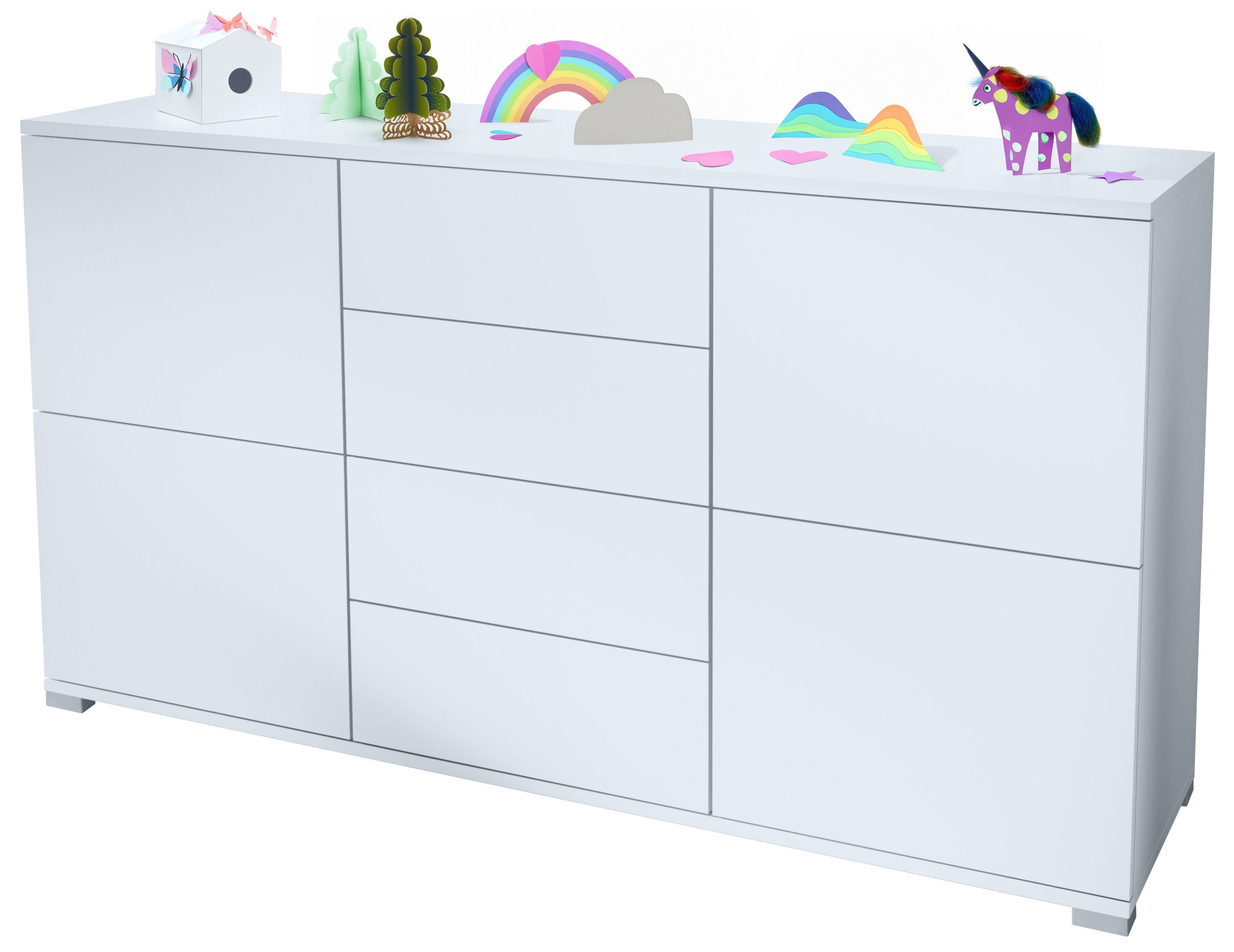 Vladon Sideboard Rova V1 (Kommode mit 4 Türen, 4 Schubladen, Made in Germany), Weiß matt/Weiß matt (138,5 x 75,5 x 35)