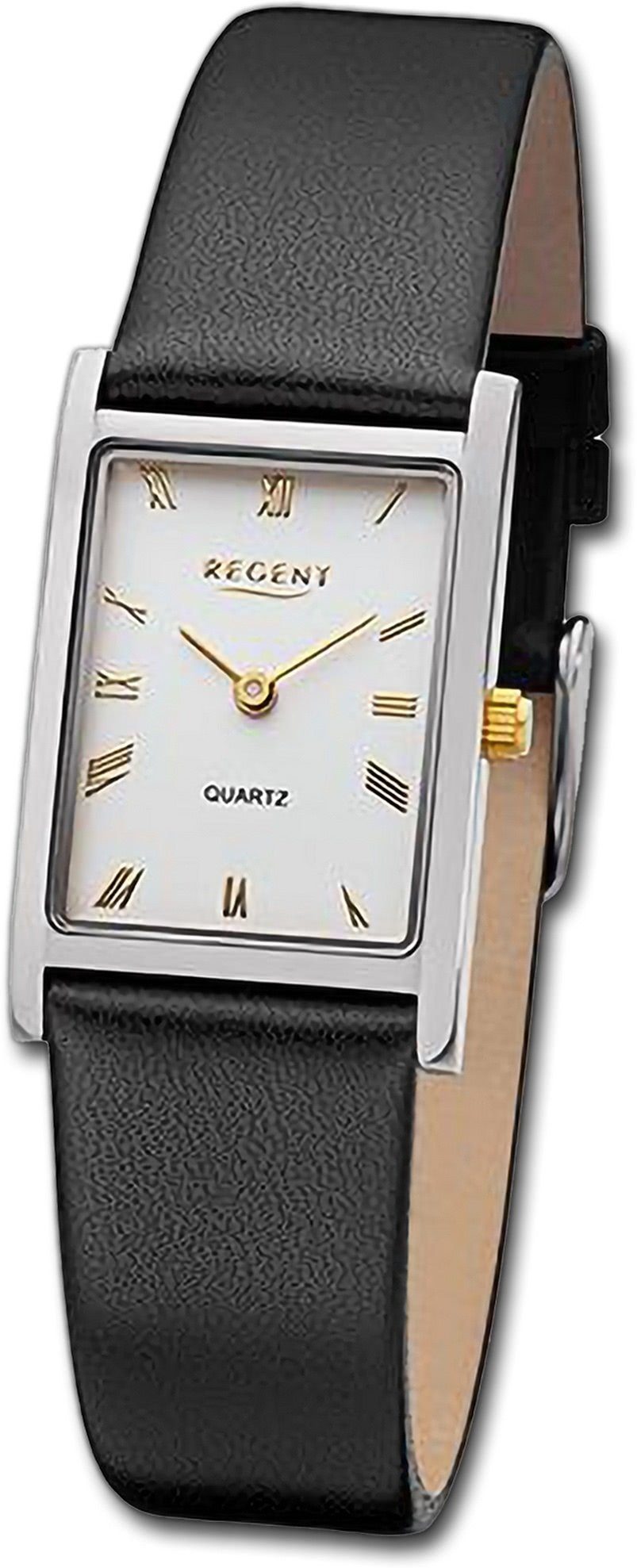 Regent Quarzuhr Regent Damen Armbanduhr Analog, Damenuhr Lederarmband schwarz, rundes Gehäuse, extra groß (ca 22x34mm)
