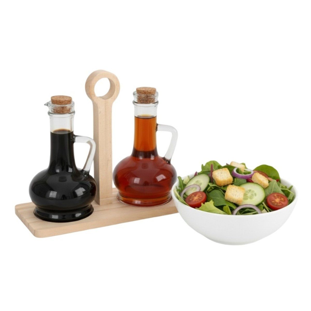 Cheffinger Ölspender Essigspender im Holzständer - Set mit 2 Karaffen & Korkverschluss, (3-tlg)