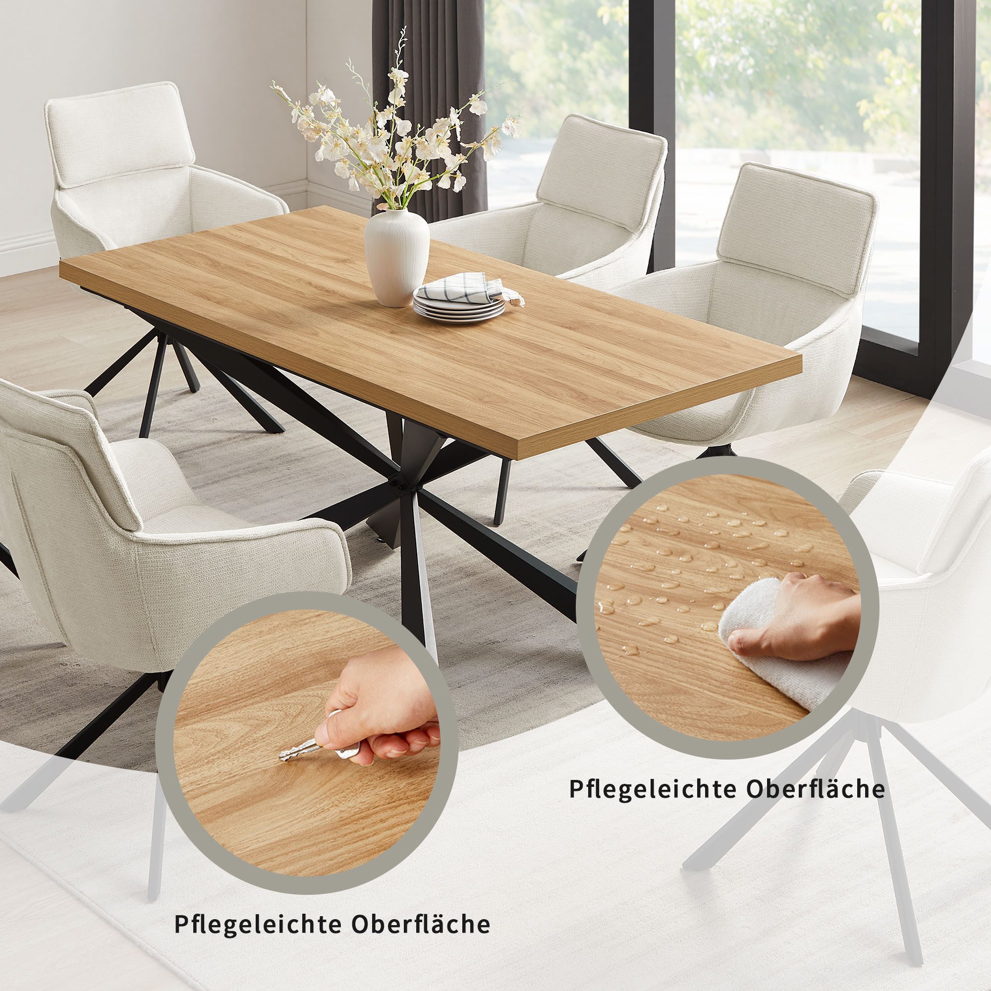 OTTO home Essgruppe Cusey, besteht aus einem Esstisch und vier Stühlen, (Set, 5-tlg., Stühle drehbar, Esstisch 160 cm, 4 cm starke Tischplatte), kratzfester Tisch in Holzoptik, drehbare Stühlen, atmungsaktivem Stoff