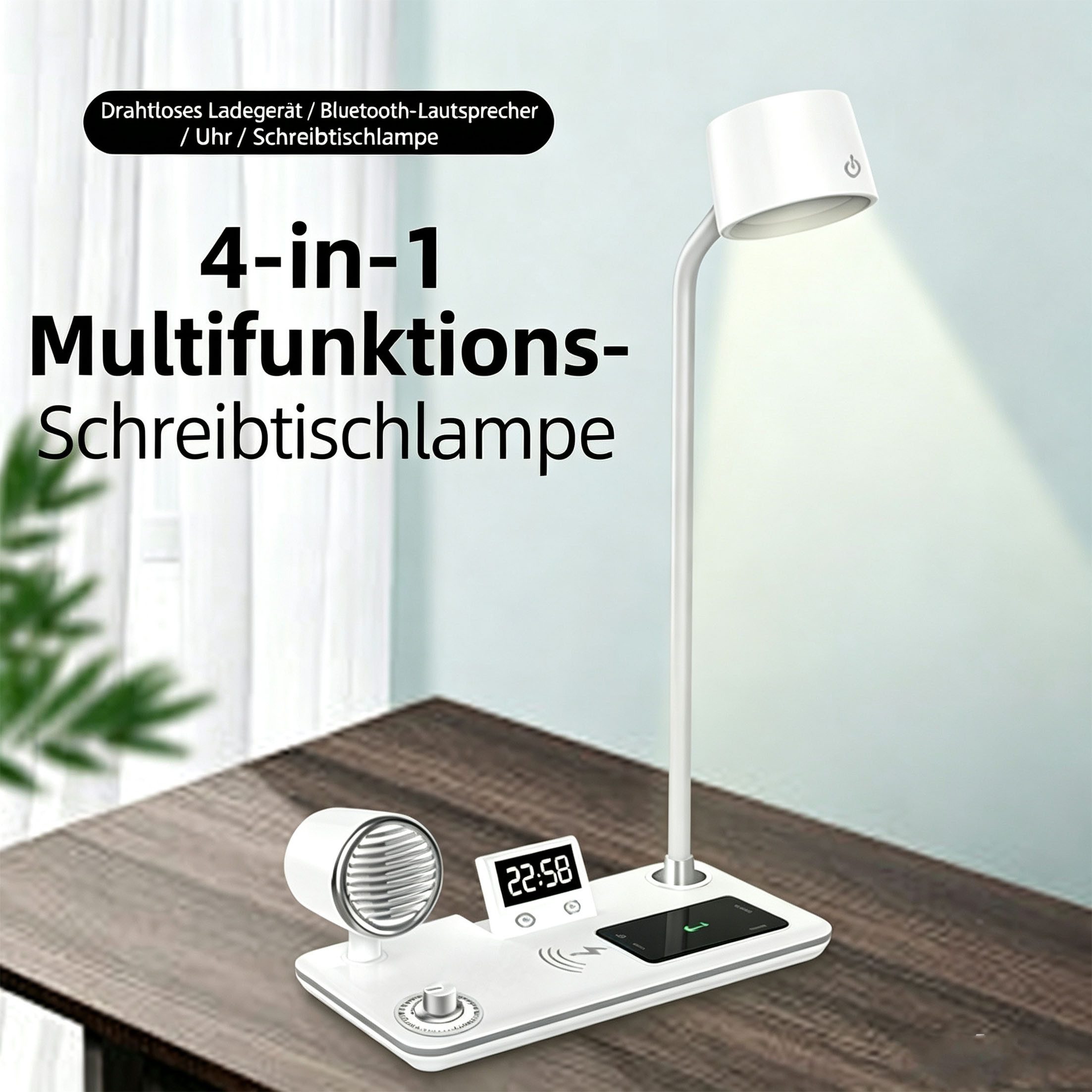 KINSI LED Schreibtischlampe LED Schreibtischlampe mit Bluetooth Lautsprecher, Qi Ladestation, LED fest integriert, Flexibler 360° Lampenkopf, Drei Lichtfarben, Digitaluhr und Wecker