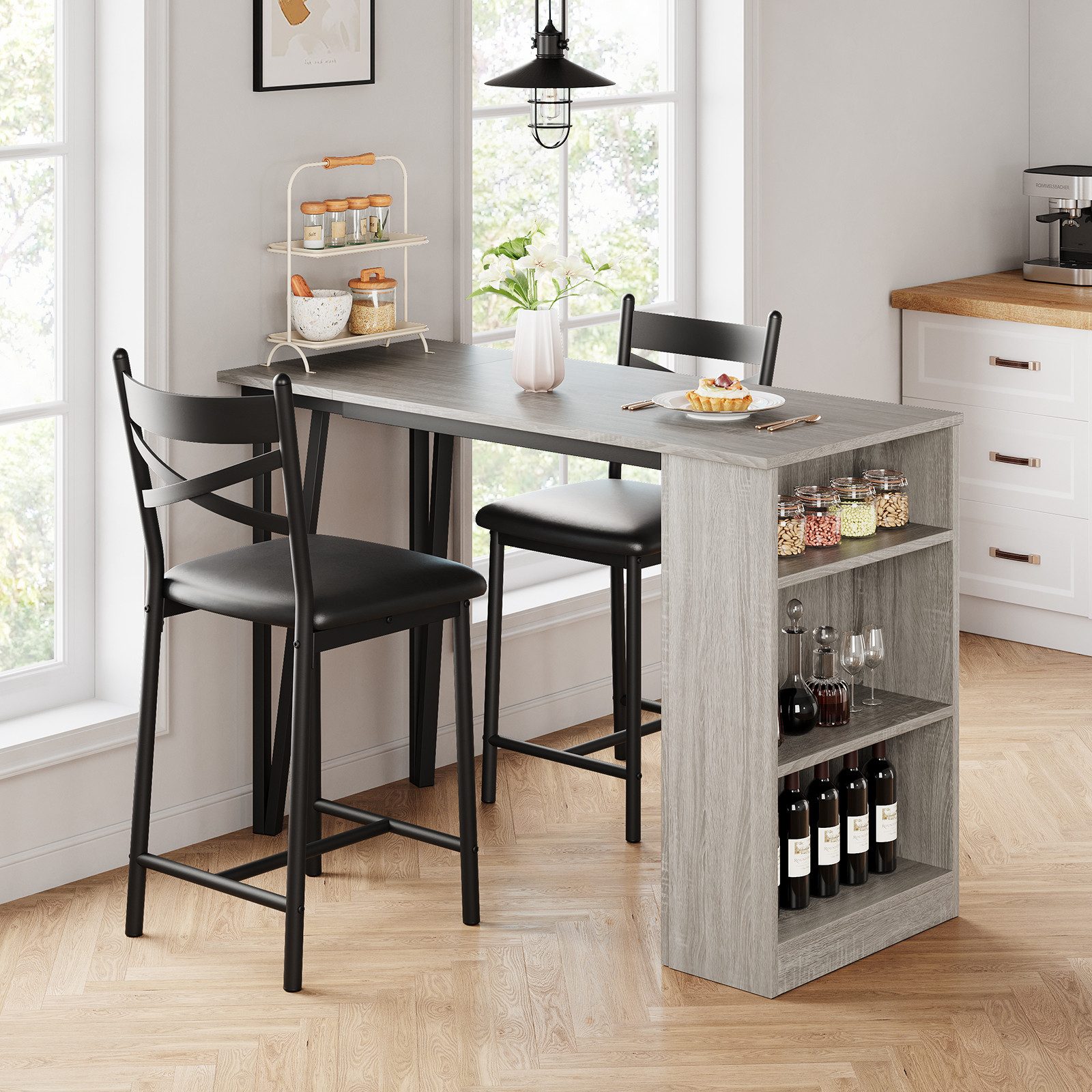 GarveeMore Essgruppe Esstisch Klappbar mit 2 Stühlen für Küche & Esszimmer, Bartisch,Ktichen Tisch mit 2 Gepolsterter Sitz und 3 Ablagen – Bild 4 von 5
