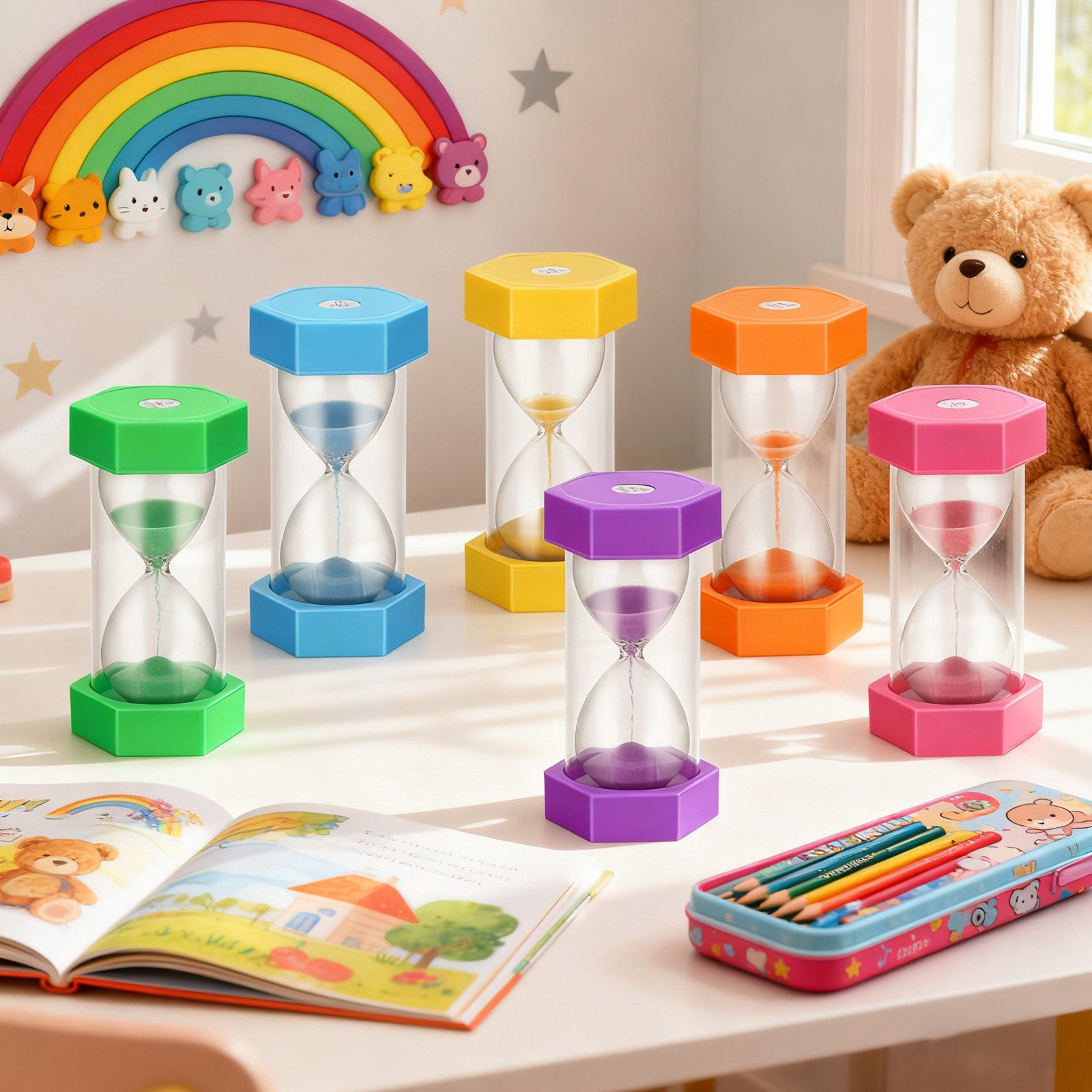 BlingBin Sanduhr 6 Stück Bunter Sanduhren für Kinder,Farbtimer, Zeitmesser Sanduhren Sanduhren Set 1/3/5/10/15/30 Minuten Geeignet für Küche, Zuhause – Bild 4 von 5