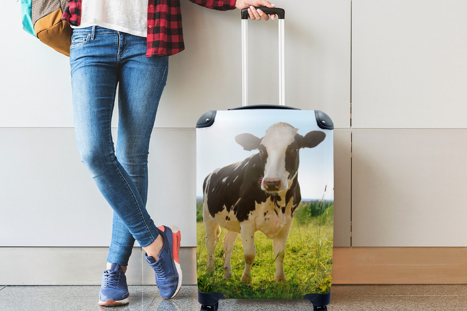 MuchoWow Handgepäckkoffer Kuh rollen, für Ferien, Handgepäck Tiere Trolley, Reisekoffer Makro - - - mit Rollen, Reisetasche Sonne, 4