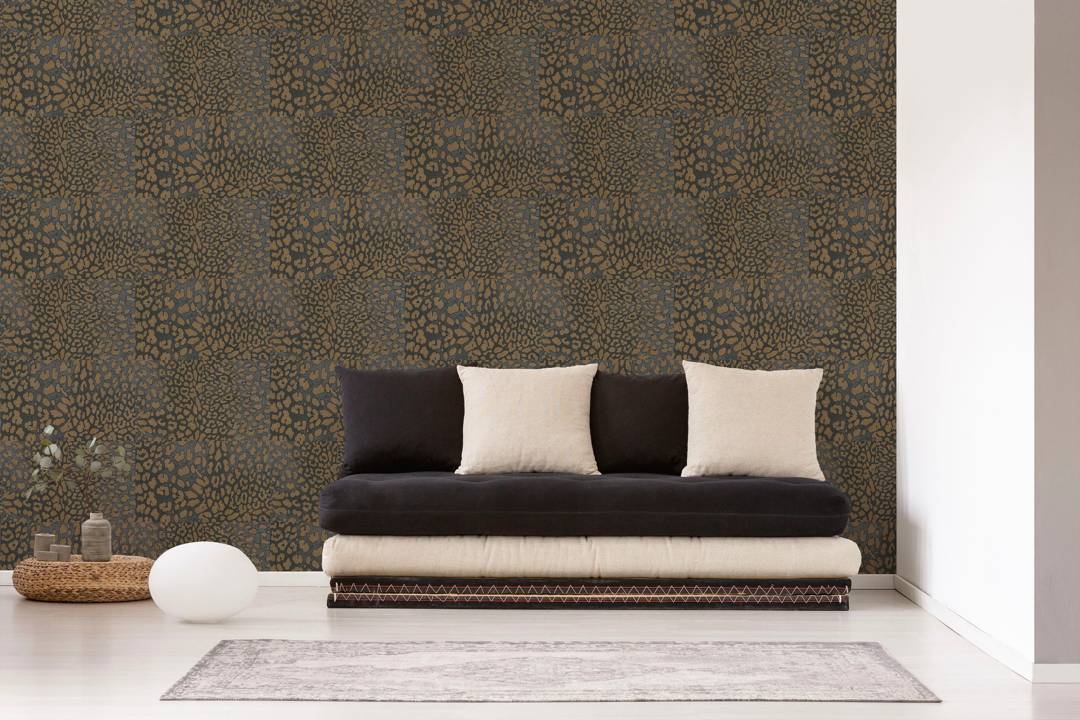 living walls Vliestapete Desert gemustert, Lodge, strukturiert, Fellimitat, gold/schwarz Leopardenmuster Tapete animal print