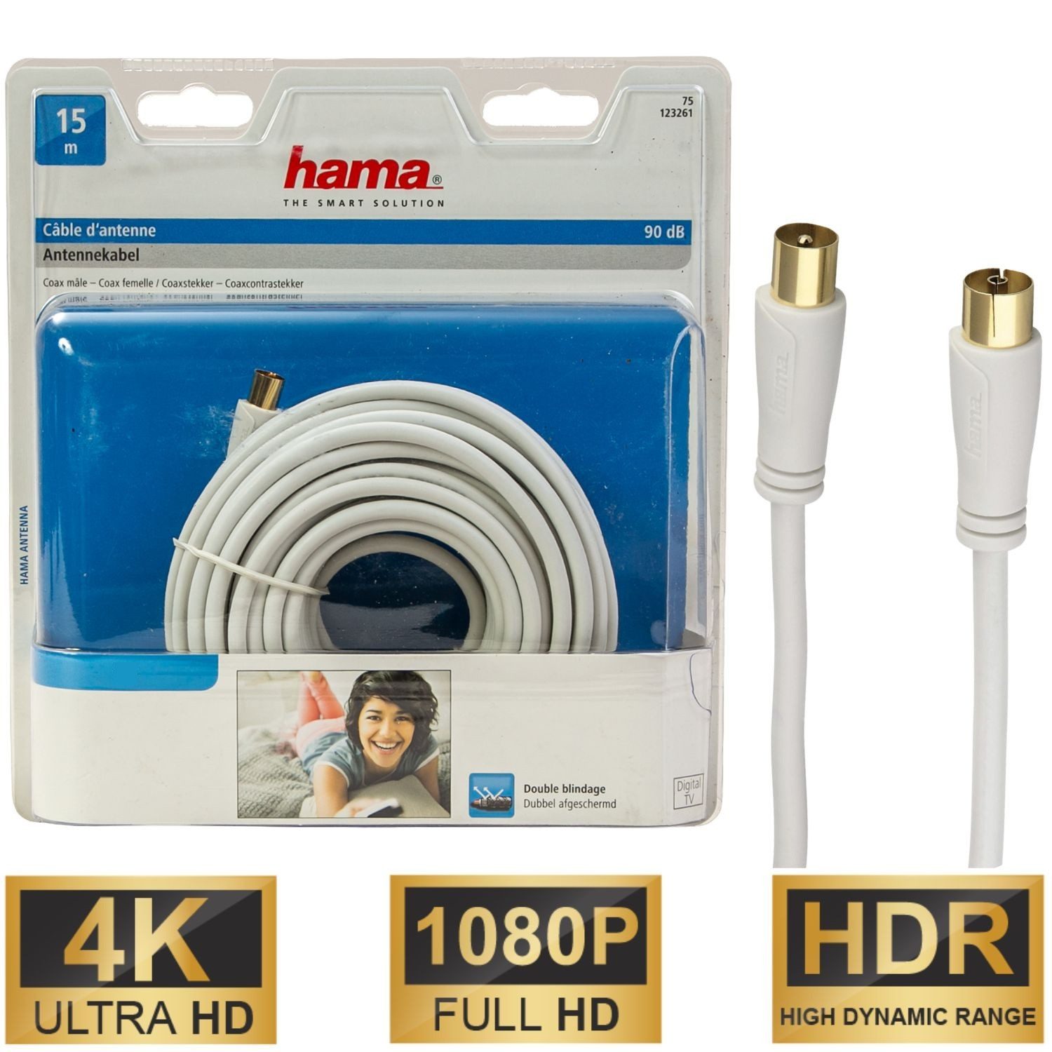 Hama 15m Antennen-Kabel 90db Koaxial-Kabel Weiß Video-Kabel, Koaxial, Koaxial (1500 cm), Koax-Kabel Full HD TV 4K UHD HD+ HDR 90db Schirmung
