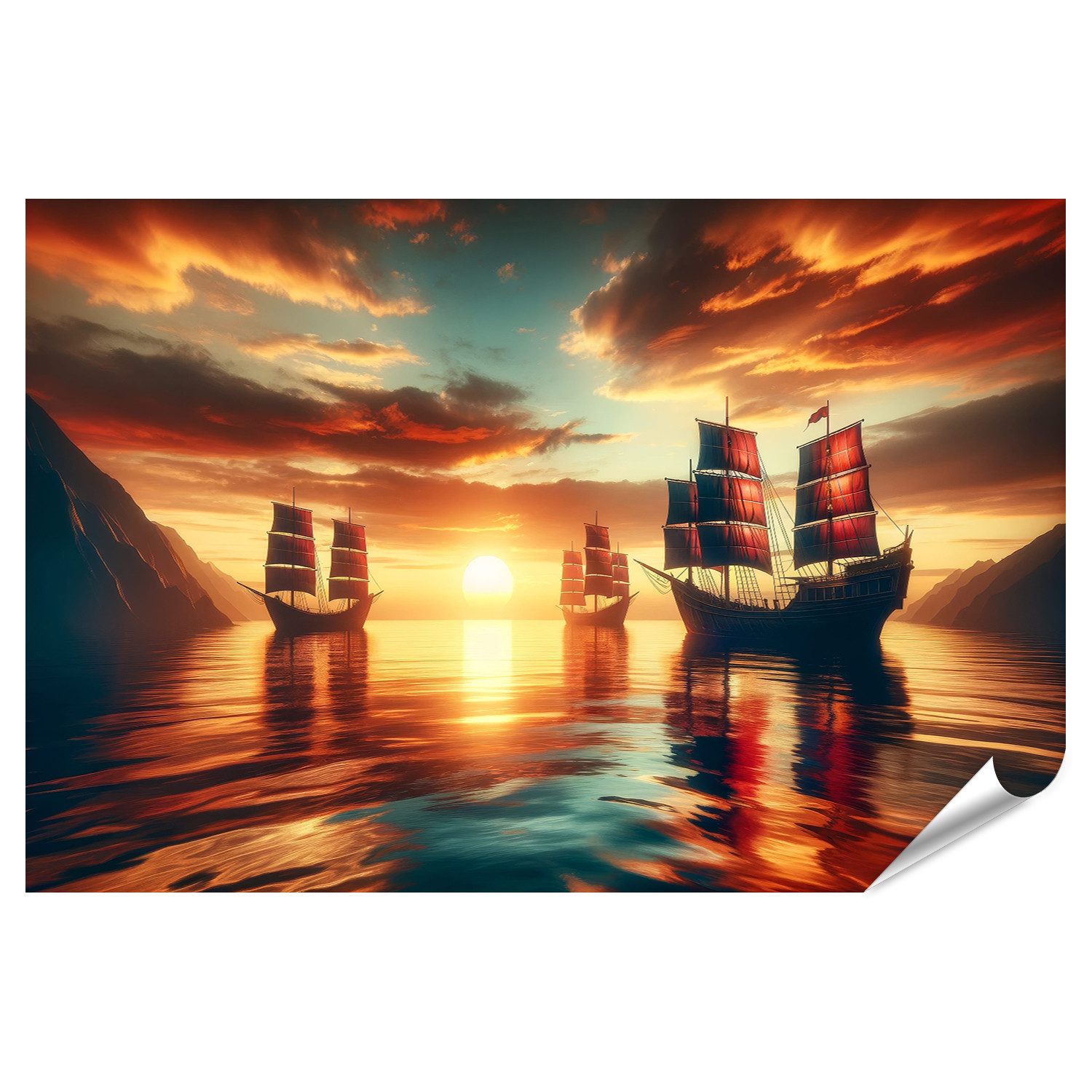 Poster Stille Wasser: Alte Schiffe unter einem beeindruckenden Sonnenuntergan
