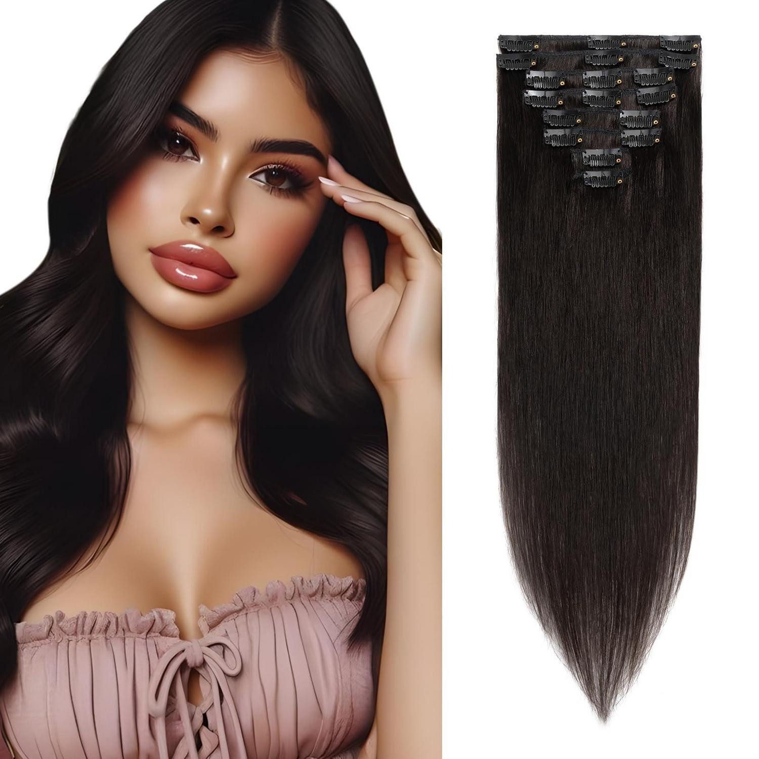 Echthaar-Extension Extensions Clip In Echthaar Haarverlängerung 8er Set 45cm #1B Schwarz