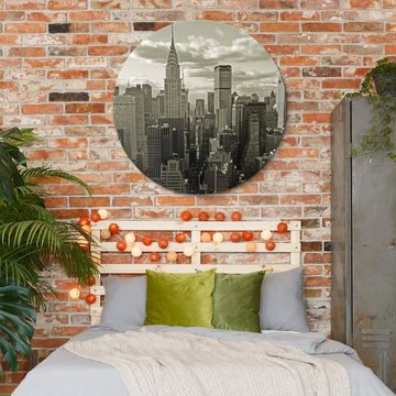 K&L Wall Art Gemälde Metallposter Manhattan New York Skyline Stadt Vintage Wanddeko, Metalloptik Wandbild Ø 30cm