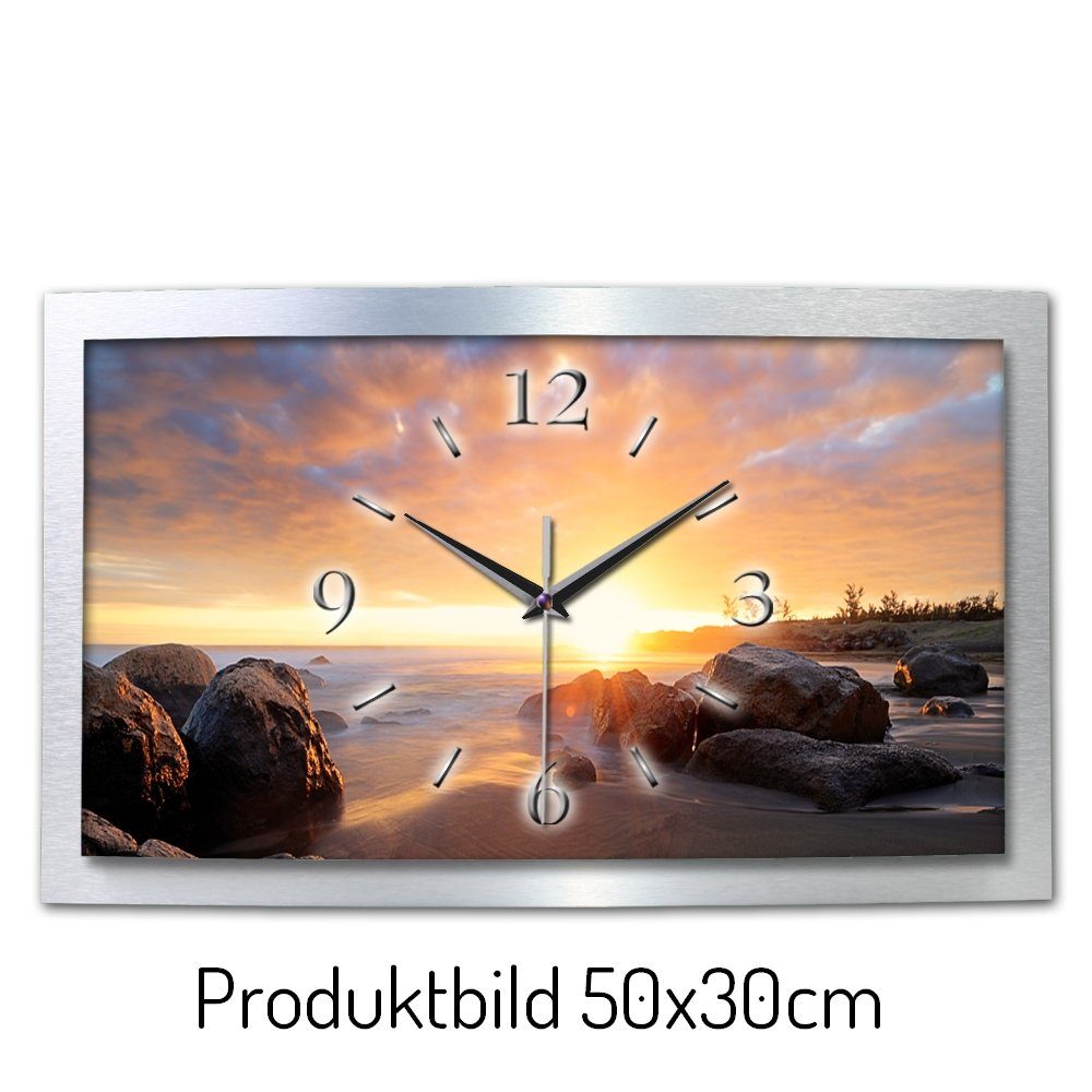 Funkwanduhr 3D Designer-Wanduhr „Felsen am Strand“ aus gebürstetem Alu