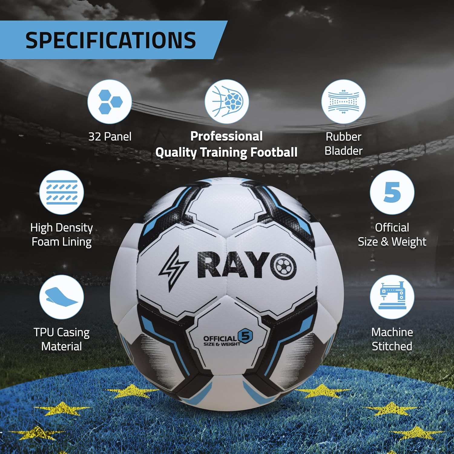 Rayo Fußball Striker 32 Panel maschinengenähter Fußball der Größe 5, (Ligen und Akademien für professionelle Spiele, IN DER BOX: 1 * Größe 5 Fußball, Für das Training in Vereinen), TRAININGSBALL IN PROFIQUALITÄT