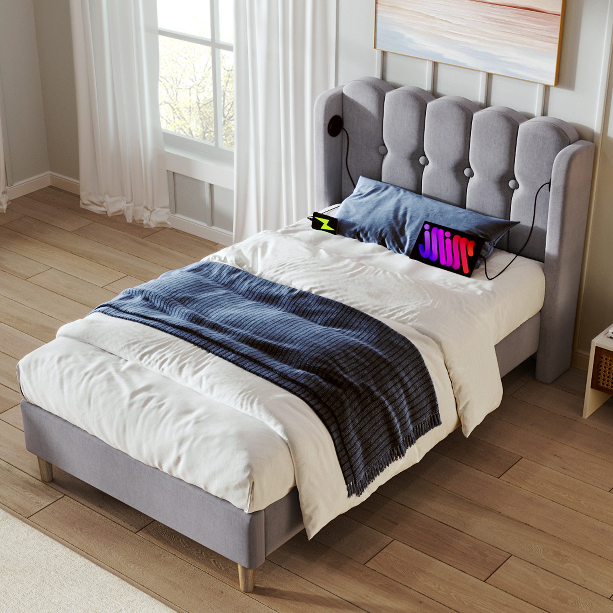Flieks Polsterbett, Holzbett Einzelbett mit USB/Typ-C Ladeanschlüsse 90x200 günstig online kaufen