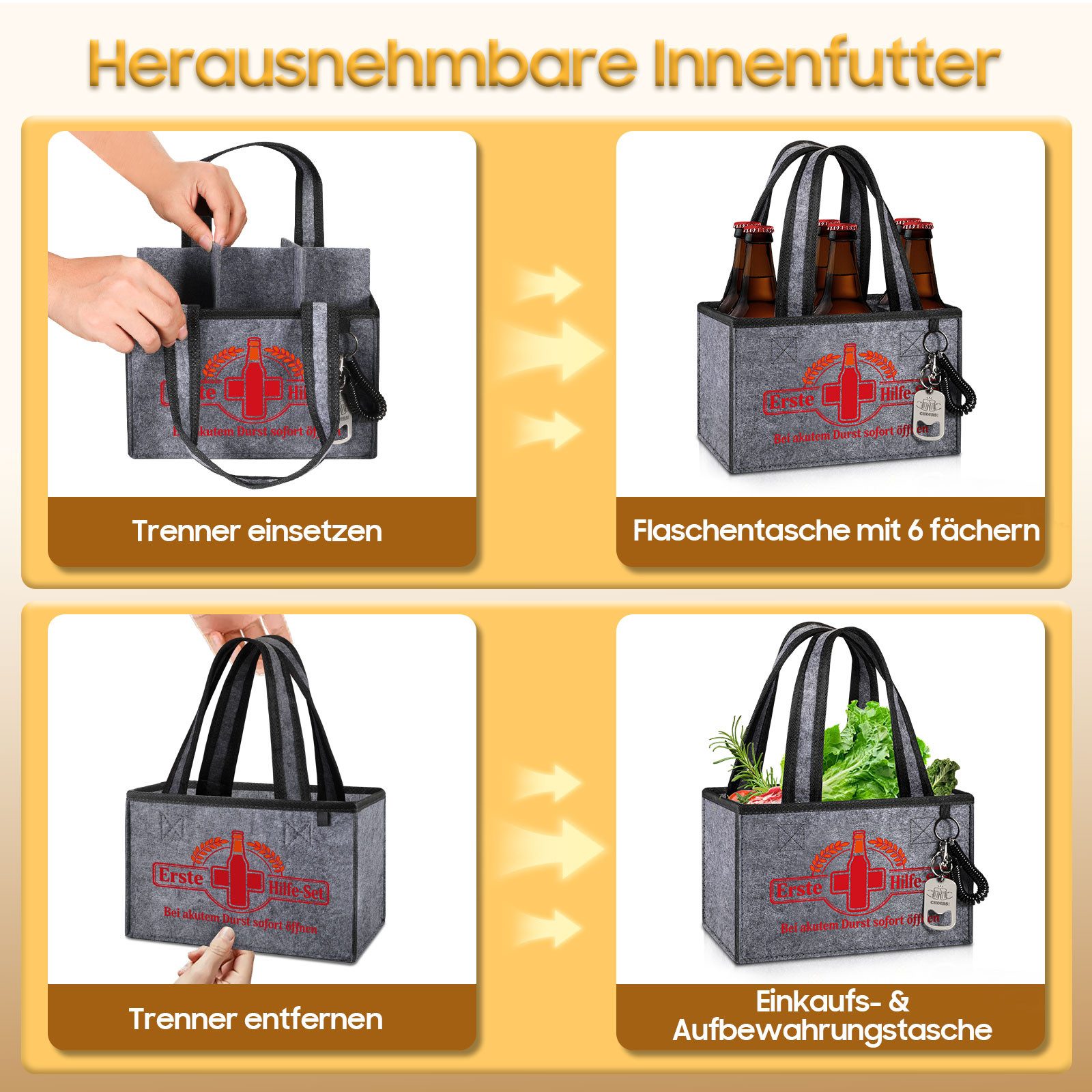 Fintie Flaschenkorb Flaschentasche mit 6 Fächern und Flaschenöffner für 0,33L/0,5L Flasche, Männerhandtasche Bier Filz Lustig Geschenke für Männer Geburtstag Pa – Bild 3 von 5