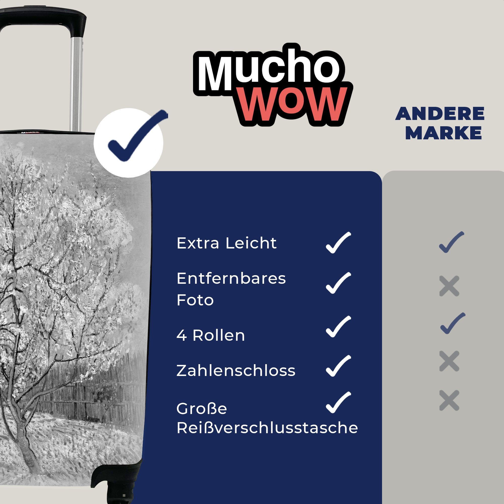 Reisekoffer rollen, Gogh Pfirsichbaum Schwarz Rollen, weiß, - für Trolley, Reisetasche Blühender 4 und mit Handgepäck Vincent MuchoWow - Ferien, Handgepäckkoffer van