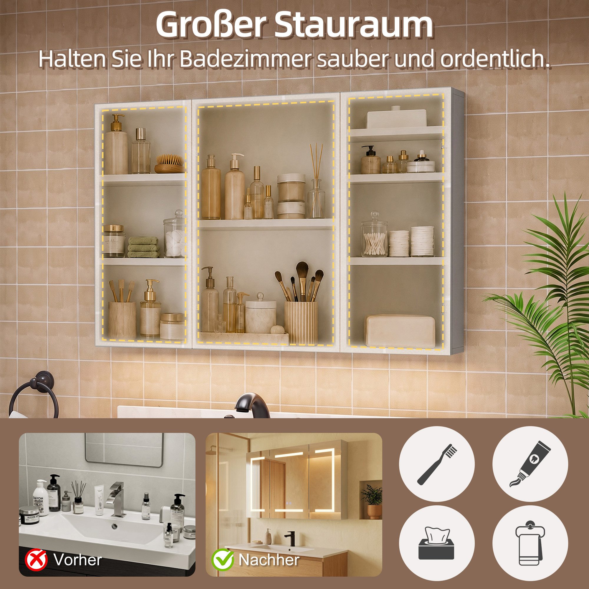 Simurq Badezimmerspiegelschrank Spiegelschrank mit LED-Beleuchtung 100x60cm,Spiegelschrank mit Touch (1-St) – Bild 5 von 5