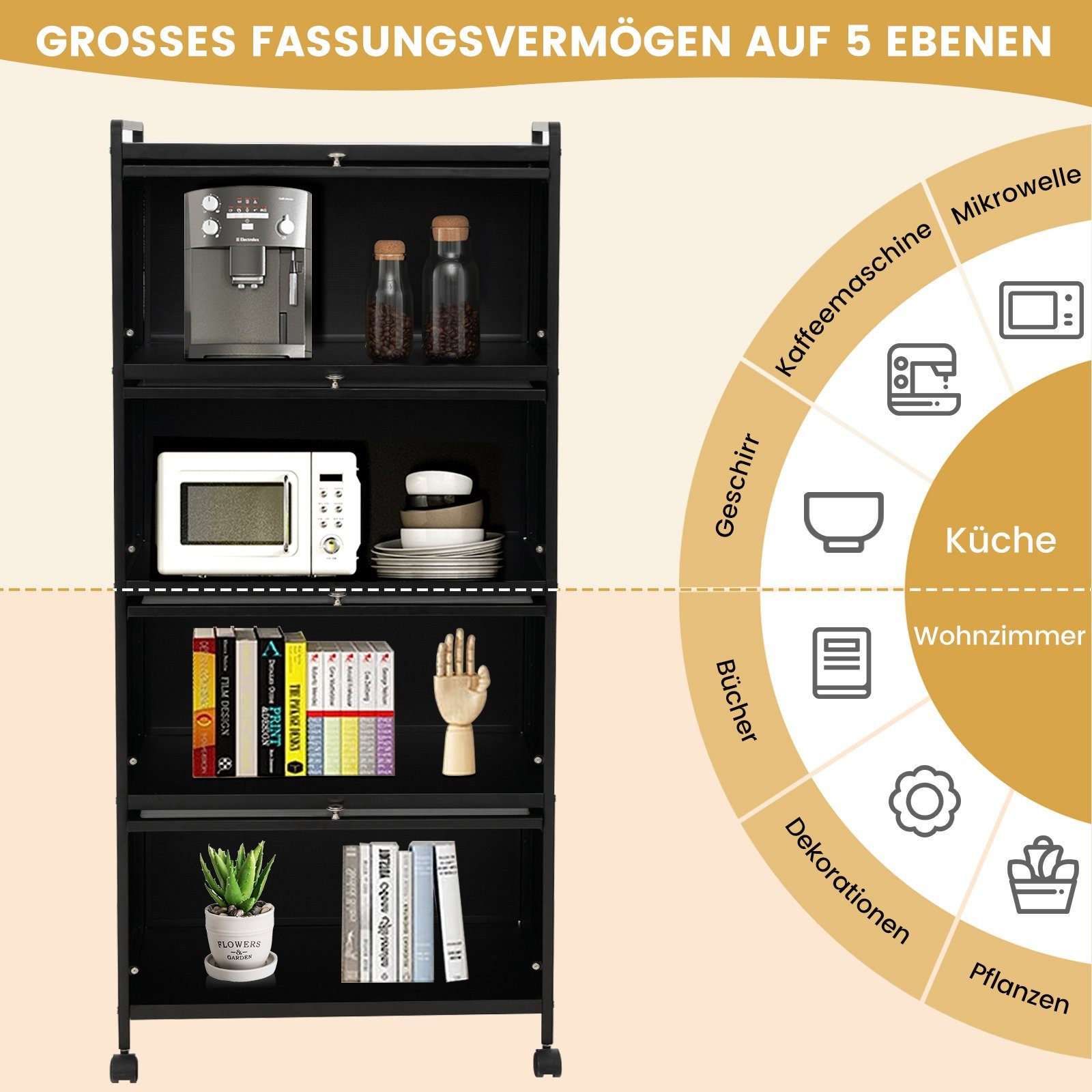 COSTWAY Hochschrank 5-stufig Küchenregal mit aufklappbaren PC-Türen & Rollen