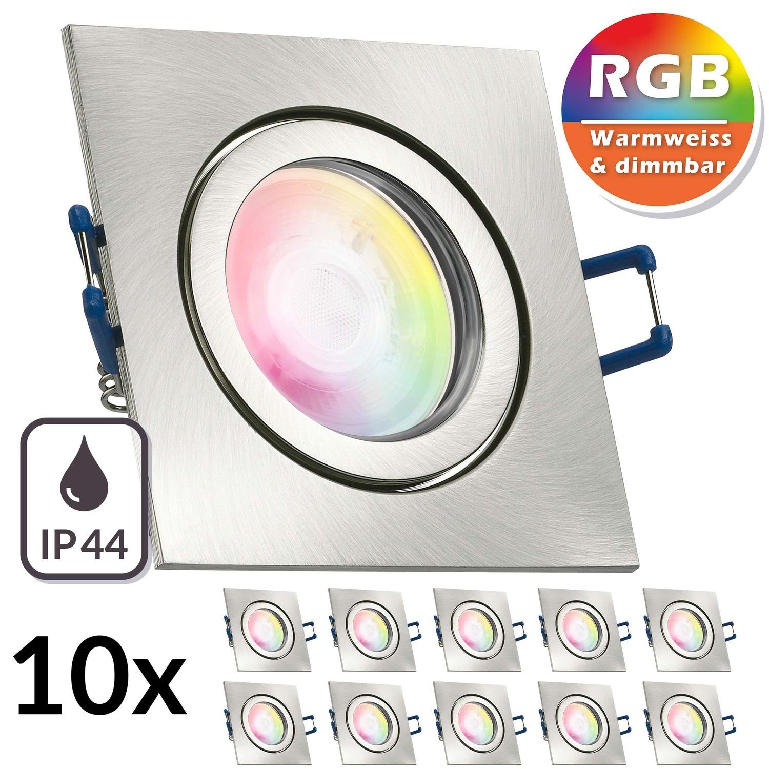 silber LEDANDO 10er RGB Einbaustrahler extra IP44 Einbaustrahler flach Set m gebürstet LED LED in