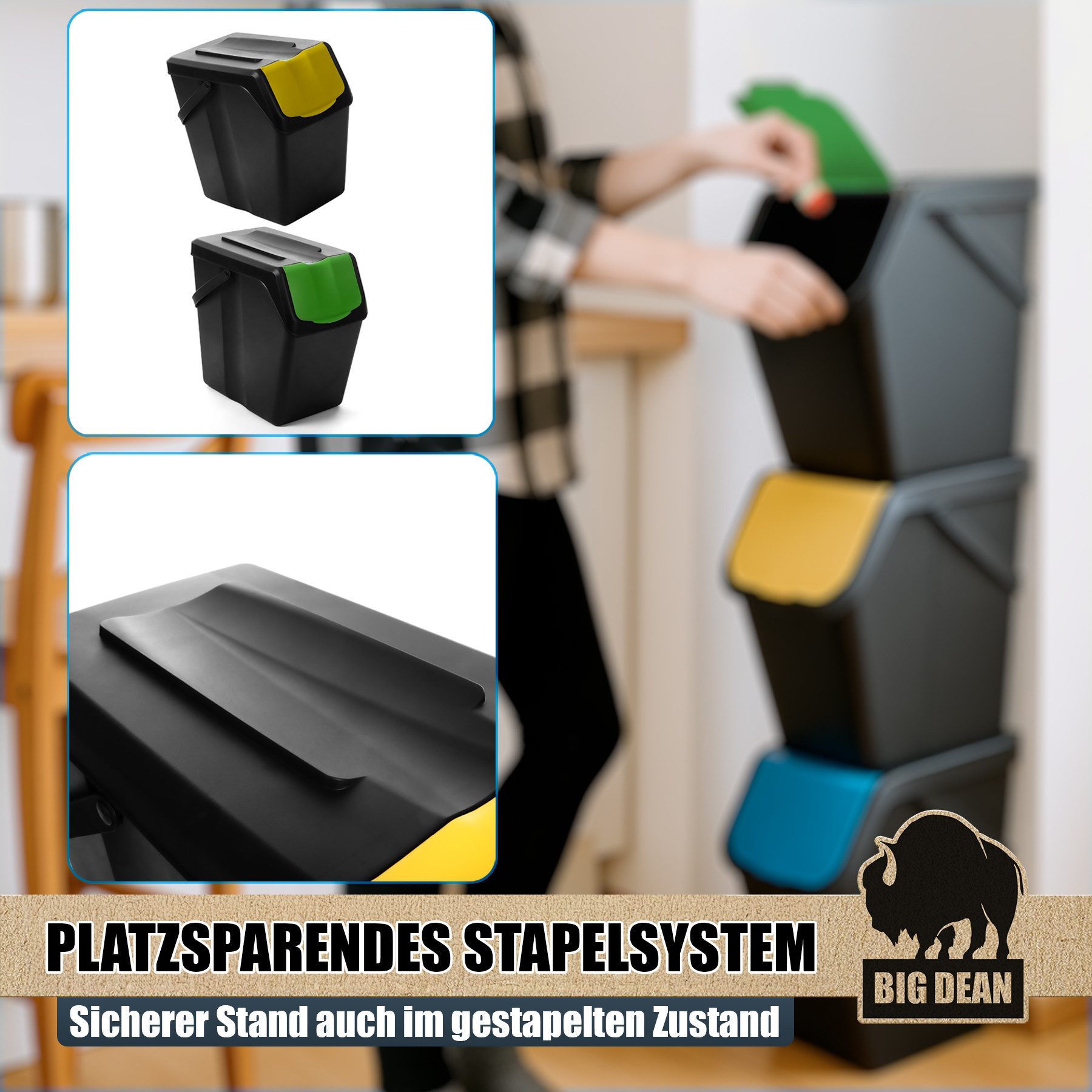 BigDean Mülltrennsystem 3x25L Mülltrennsystem Mülleimer 3 Fächer Stapelbar mit Henkel, Tischmülleimer – Bild 5 von 5