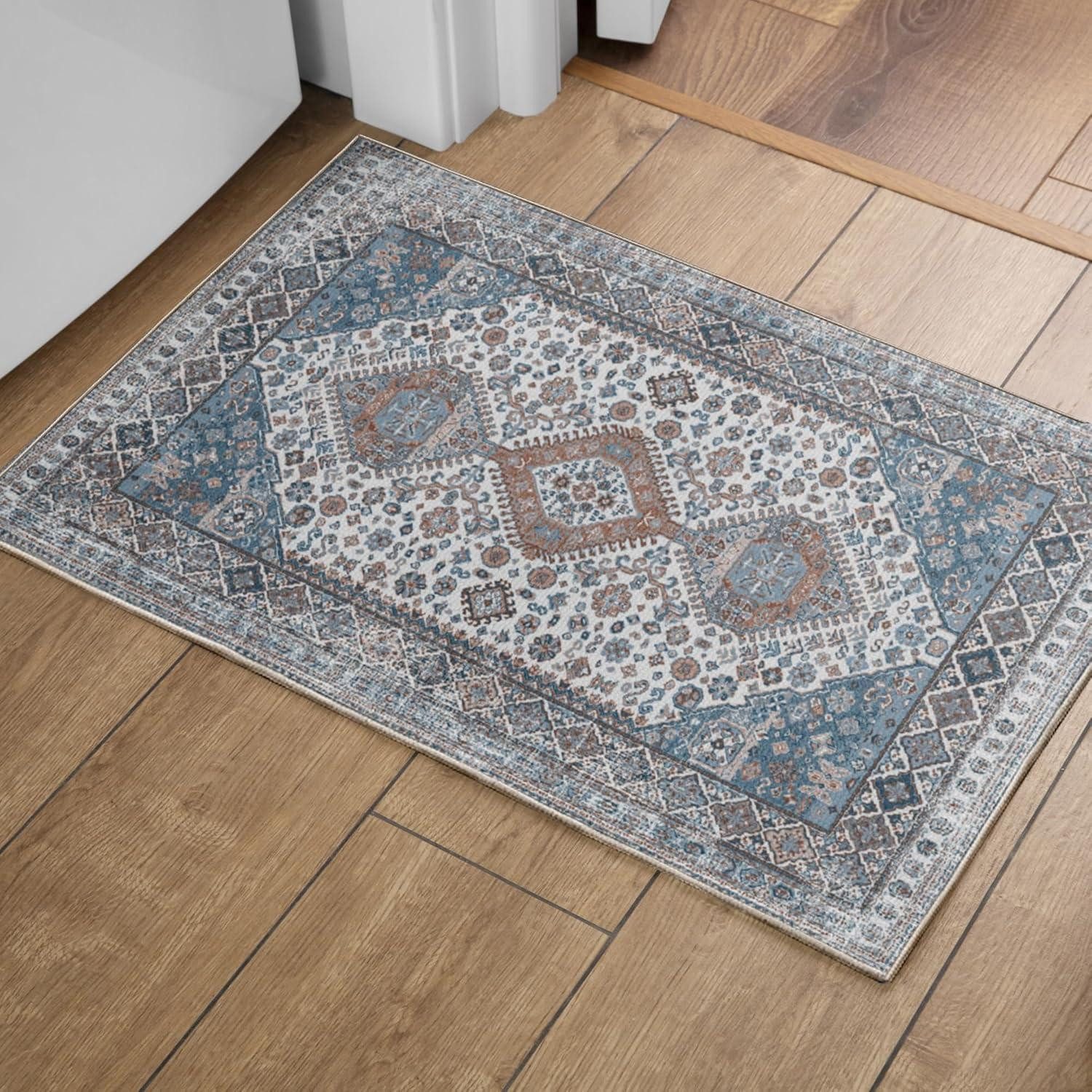 Teppich Waschbarer Vintage Teppich Dunkelblau Blumenmuster 60x130cm
